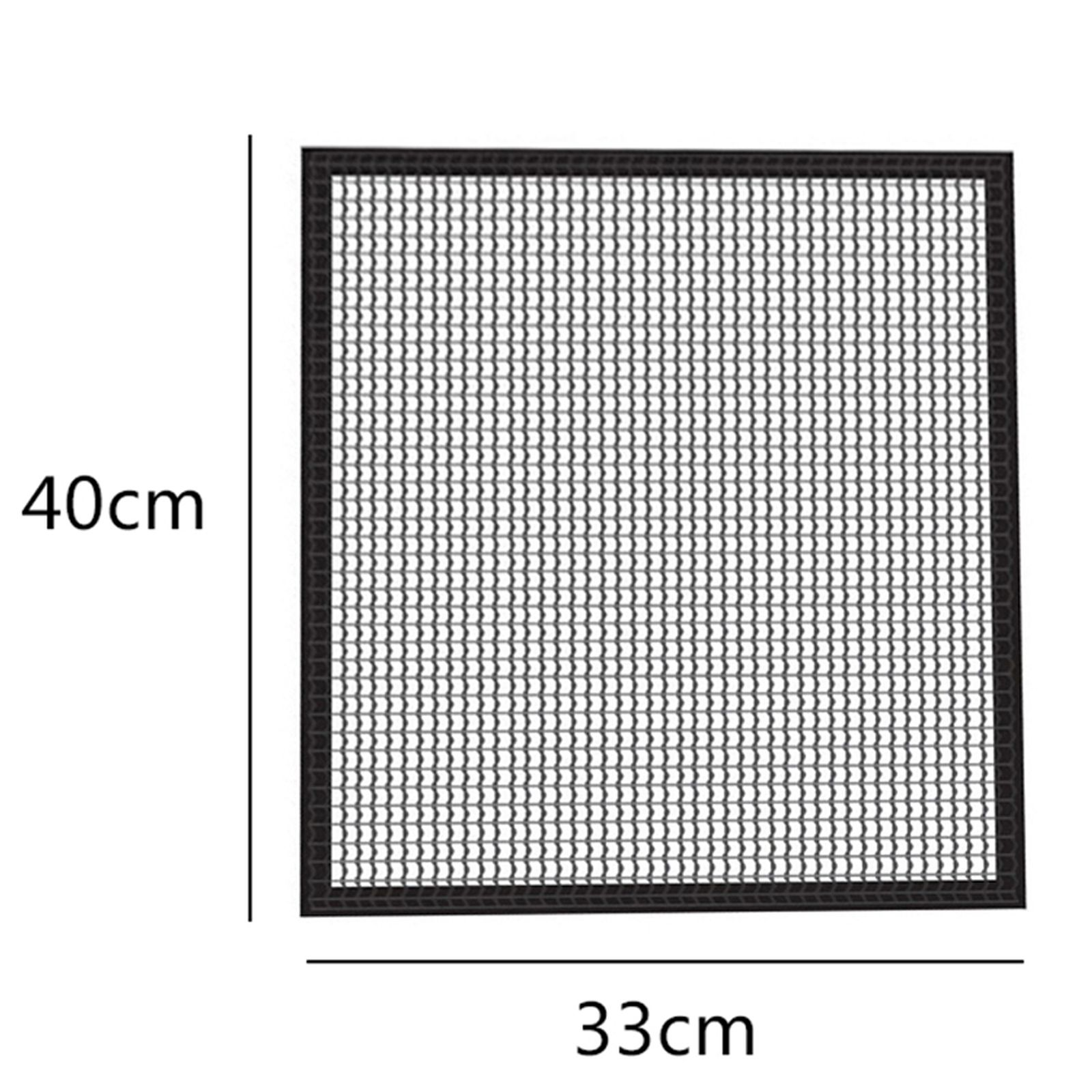 Schwarzes quadratisches Netz mit den Maßen 40 cm x 33 cm, vor weißem Hintergrund. Das Netz ist in einem schwarzen Rahmen.
