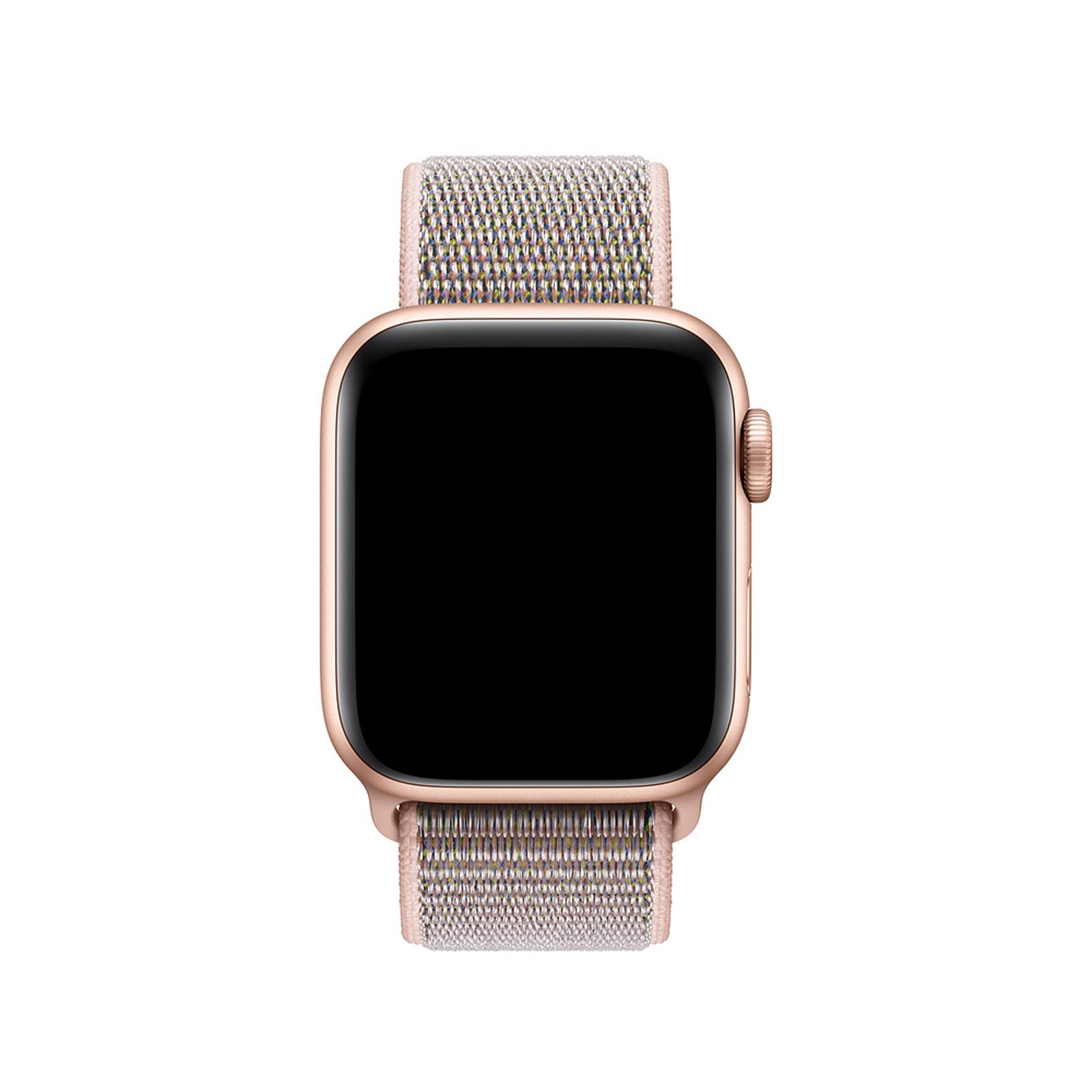 Apple Watch oro rosa con una correa de tela multicolor. Fondo blanco.