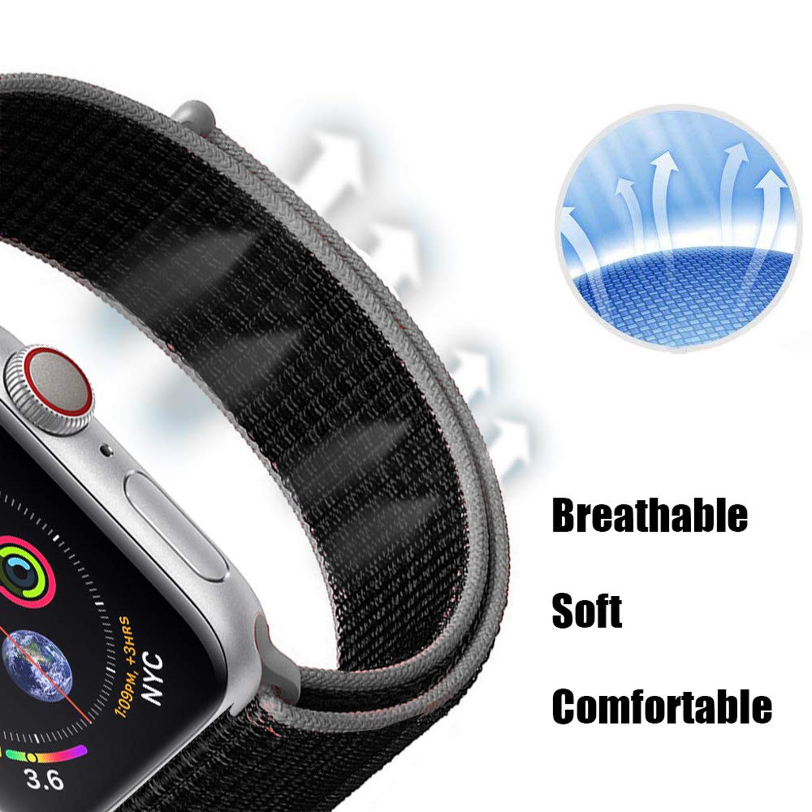 Un Apple Watch con correa de tela negra, la correa tiene detalles grises. Texto en la esfera: NYC, 1:09PM +3HRS, 3.6.