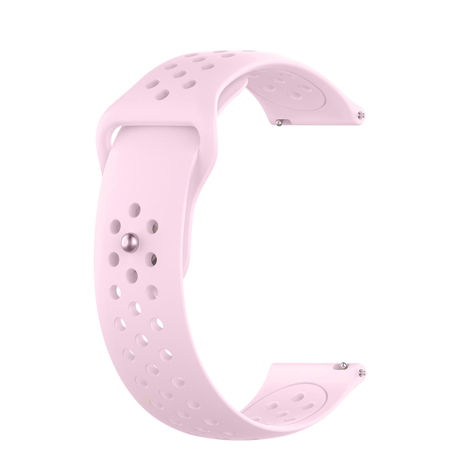 Una correa de reloj rosa con agujeros y un pasador de metal se muestra sobre fondo blanco.