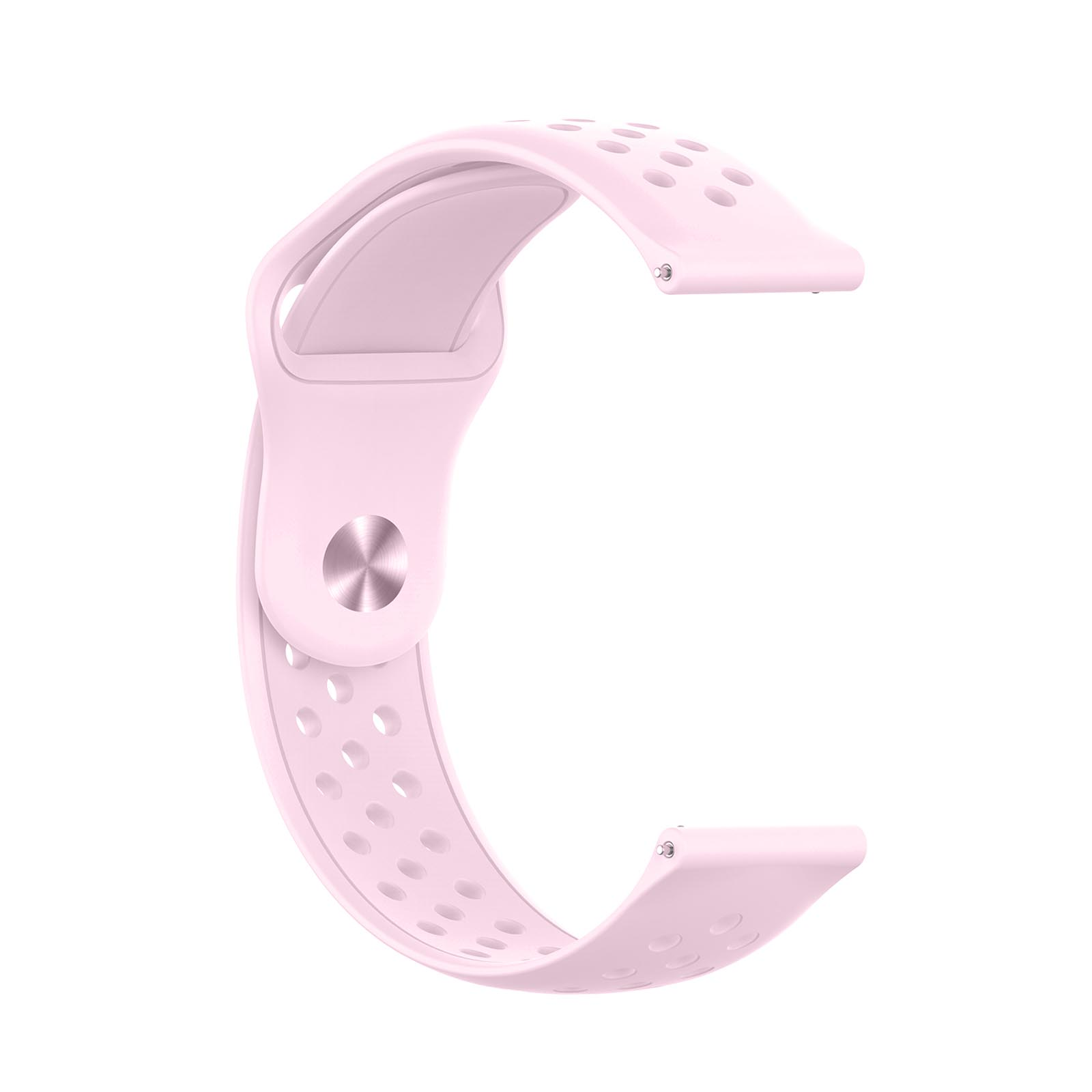 Correa de reloj rosa claro con múltiples agujeros. La correa es curva y tiene un botón metálico.