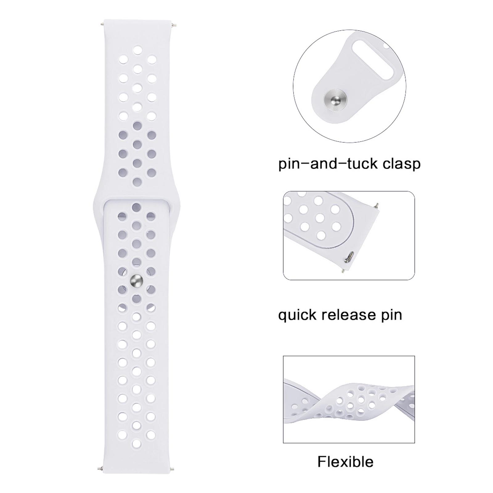 Weißes Smartwatch-Armband mit Löchern, Verschluss und Details auf weißer Oberfläche.