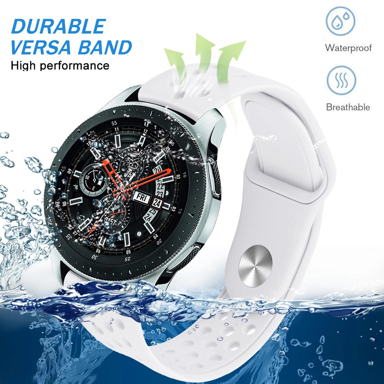 Weiße Smartwatch mit weißem Band, zeigt die Uhrzeit. Wasser- und atmungsaktive Symbole.