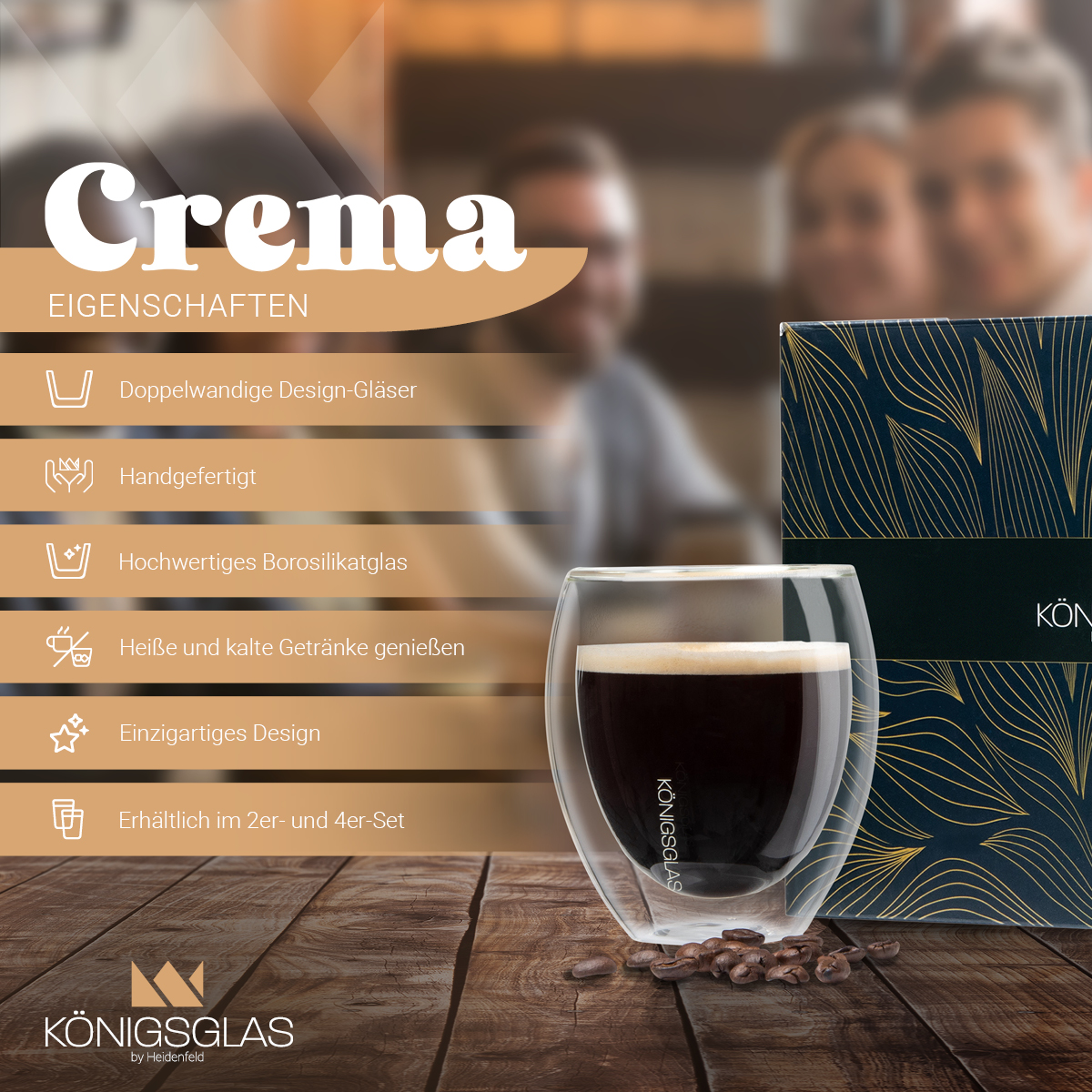 Eine Kaffeetasse mit doppelwandigem Design, mit Kaffee und Kaffeebohnen und einer Box mit Text.