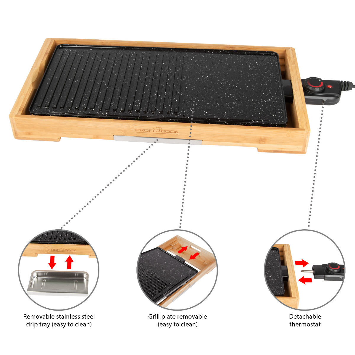 Elektrischer Grill in einem Holzrahmen. Grillplatte schwarz, mit herausnehmbarer Tropfschale.