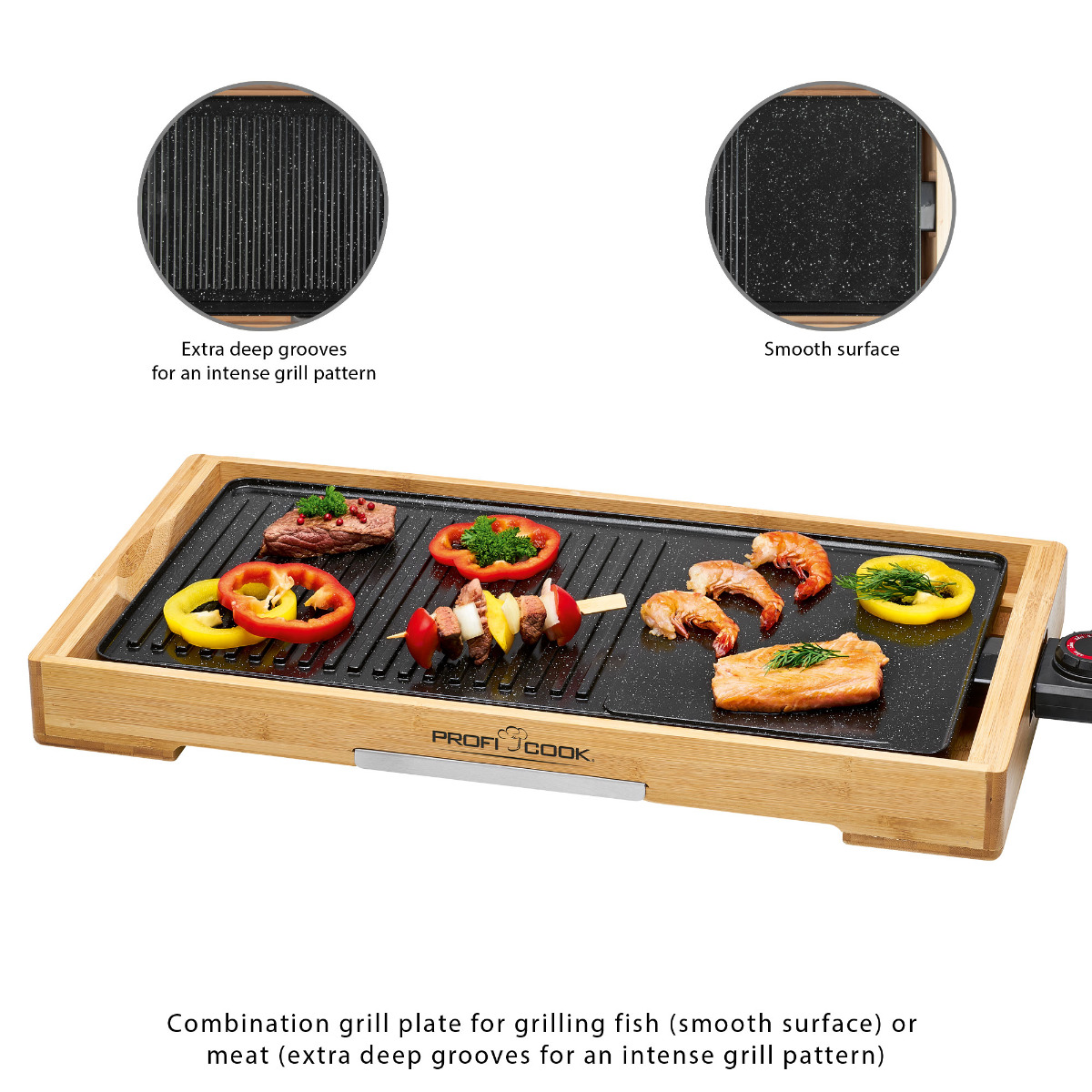 Grill mit Essen. Zeigt extra tiefe Rillen und glatte Oberfläche.