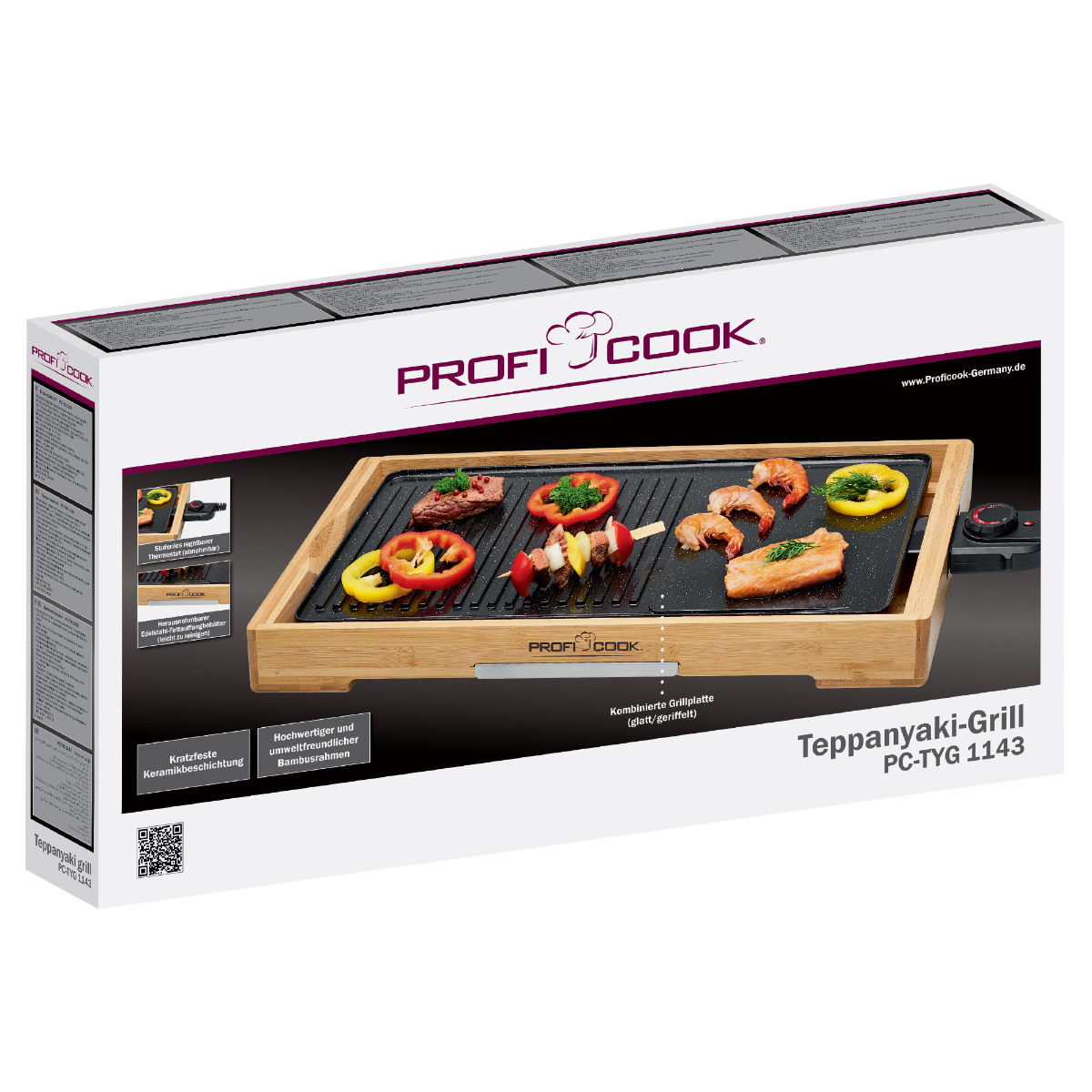 Box mit Profi Cook Grill, mit Essen darauf, und Bilder des Produkts.