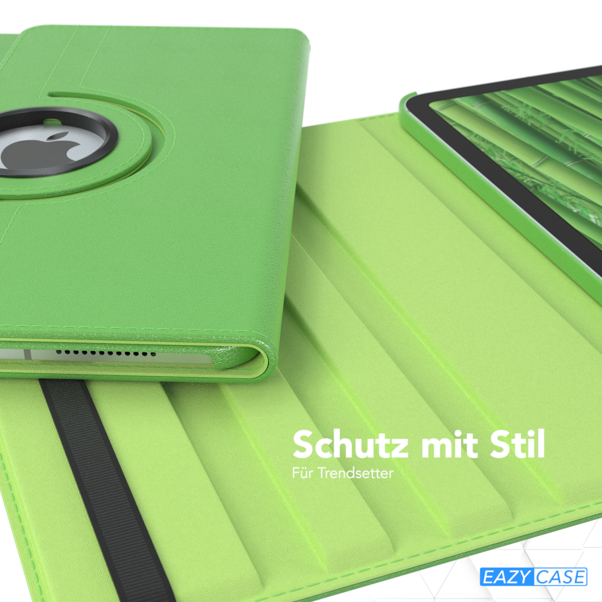 Eine grüne Tablet-Hülle mit schwarzem Kamerabereich und Abdeckung, auf hellem Hintergrund.