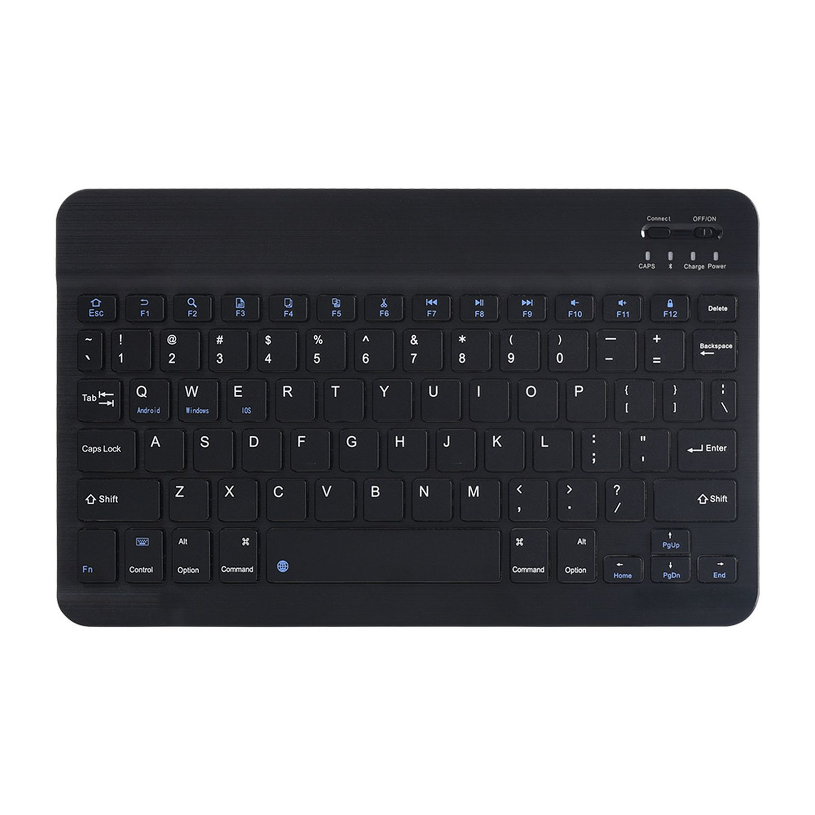 Schwarze Tastatur mit weißen beleuchteten Tasten. Das Layout ist Standard, mit Funktionstasten.