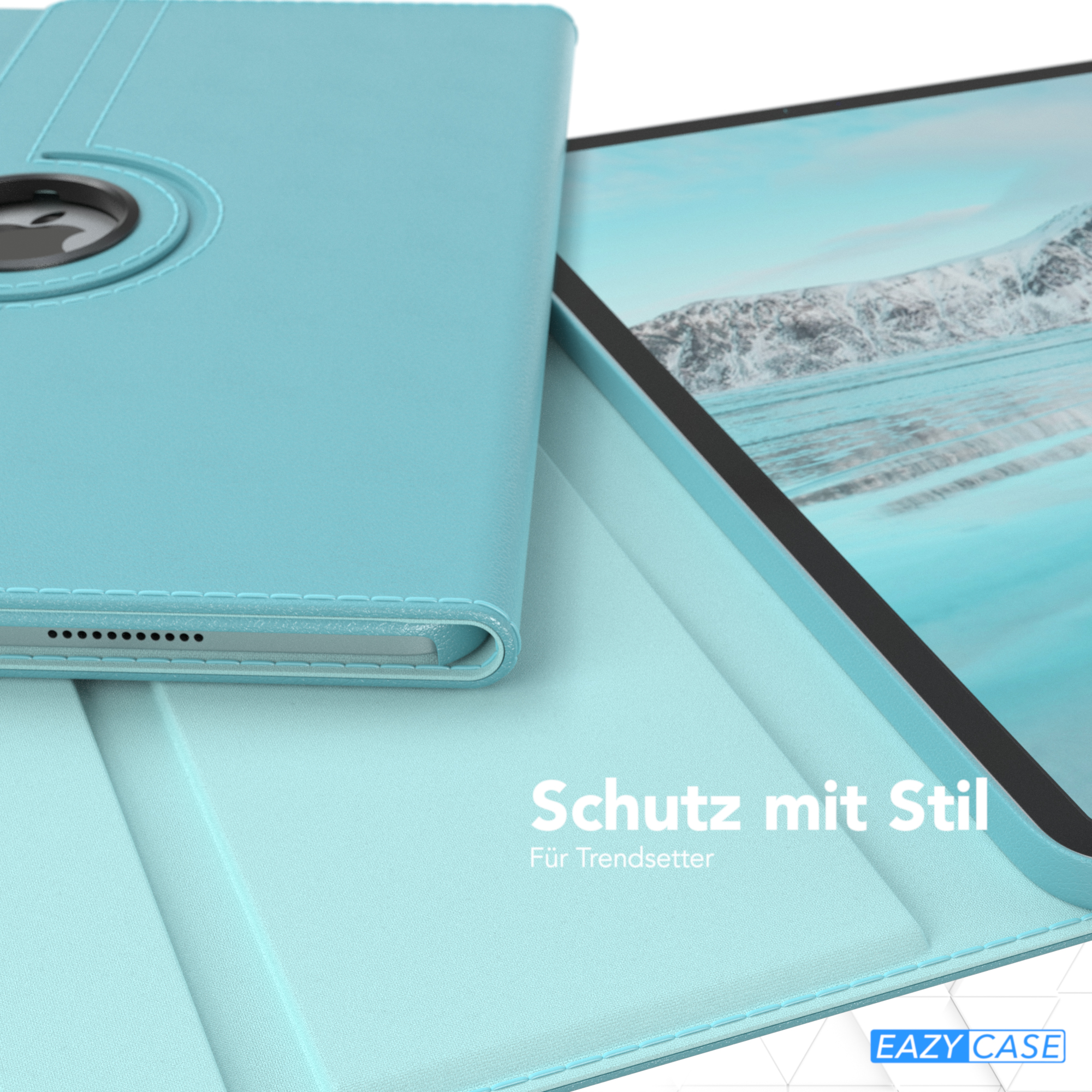 Hellblaue Tablethülle mit schwarzem Kameraring und Bildschirm mit Winterlandschaft.