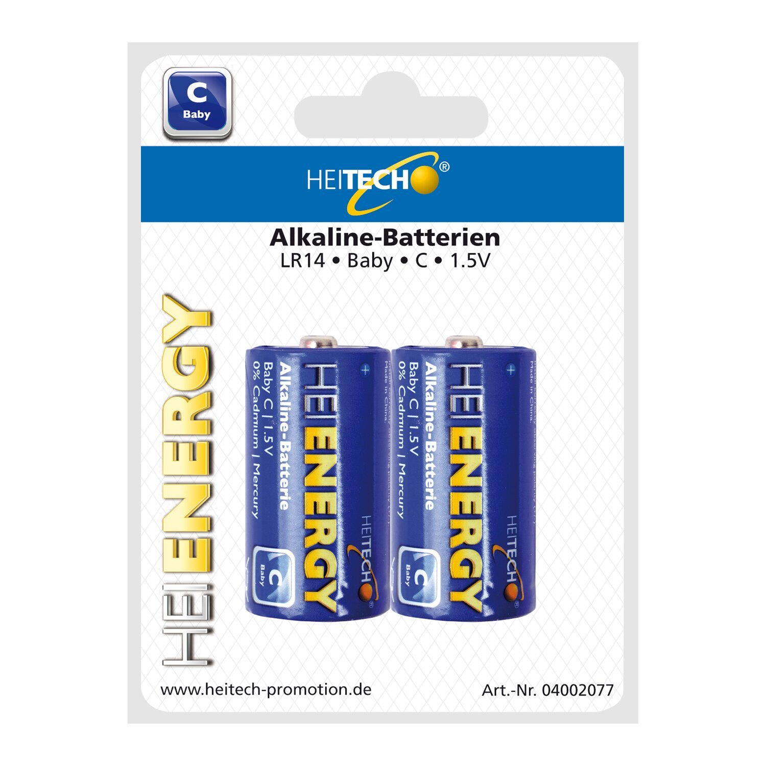 Zwei AA-Batterien in der Verpackung. Die Verpackung ist weiß und blau mit Text.
