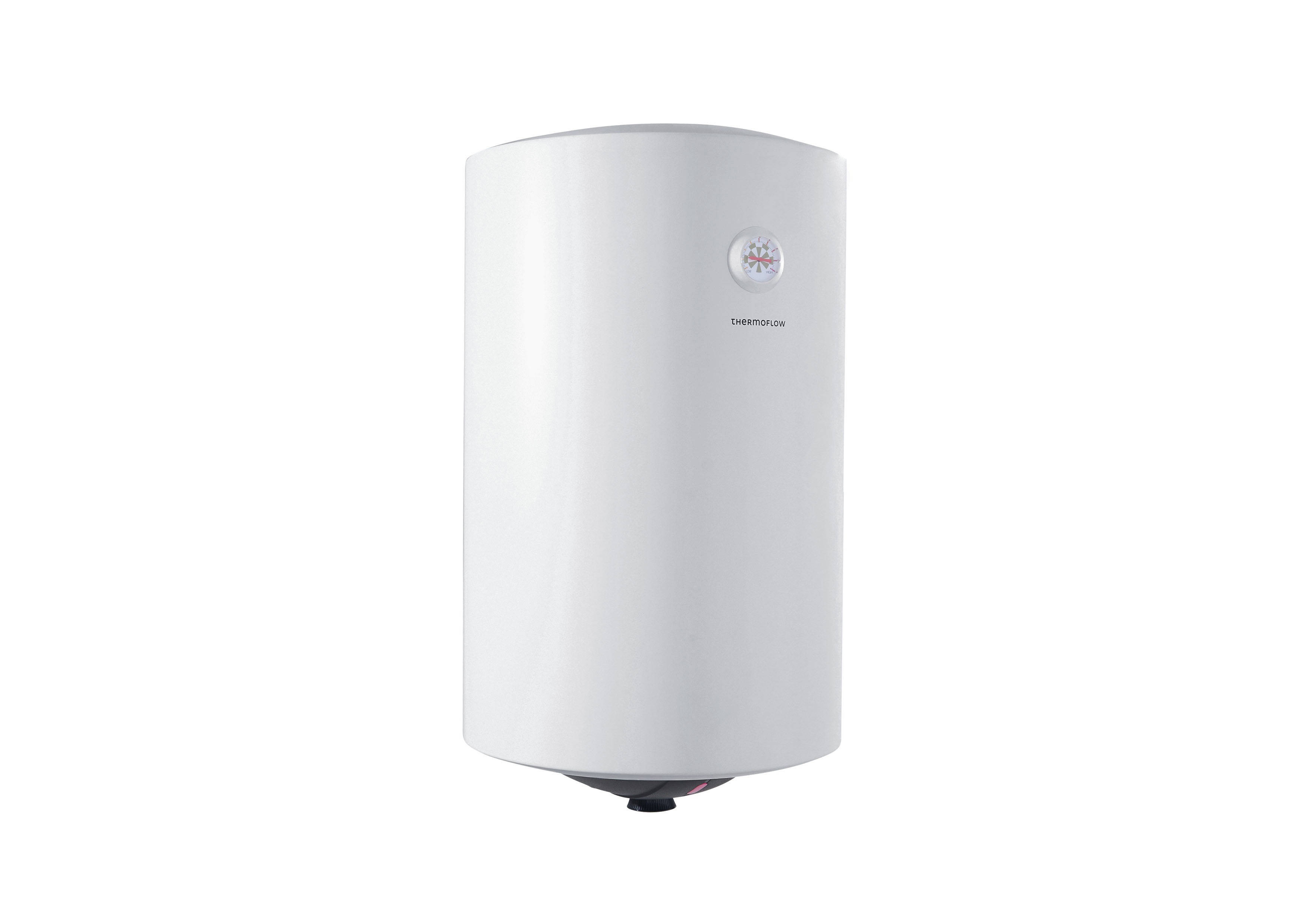 Ein weißer zylindrischer Warmwasserbereiter mit einem Thermometer und dem Markennamen.