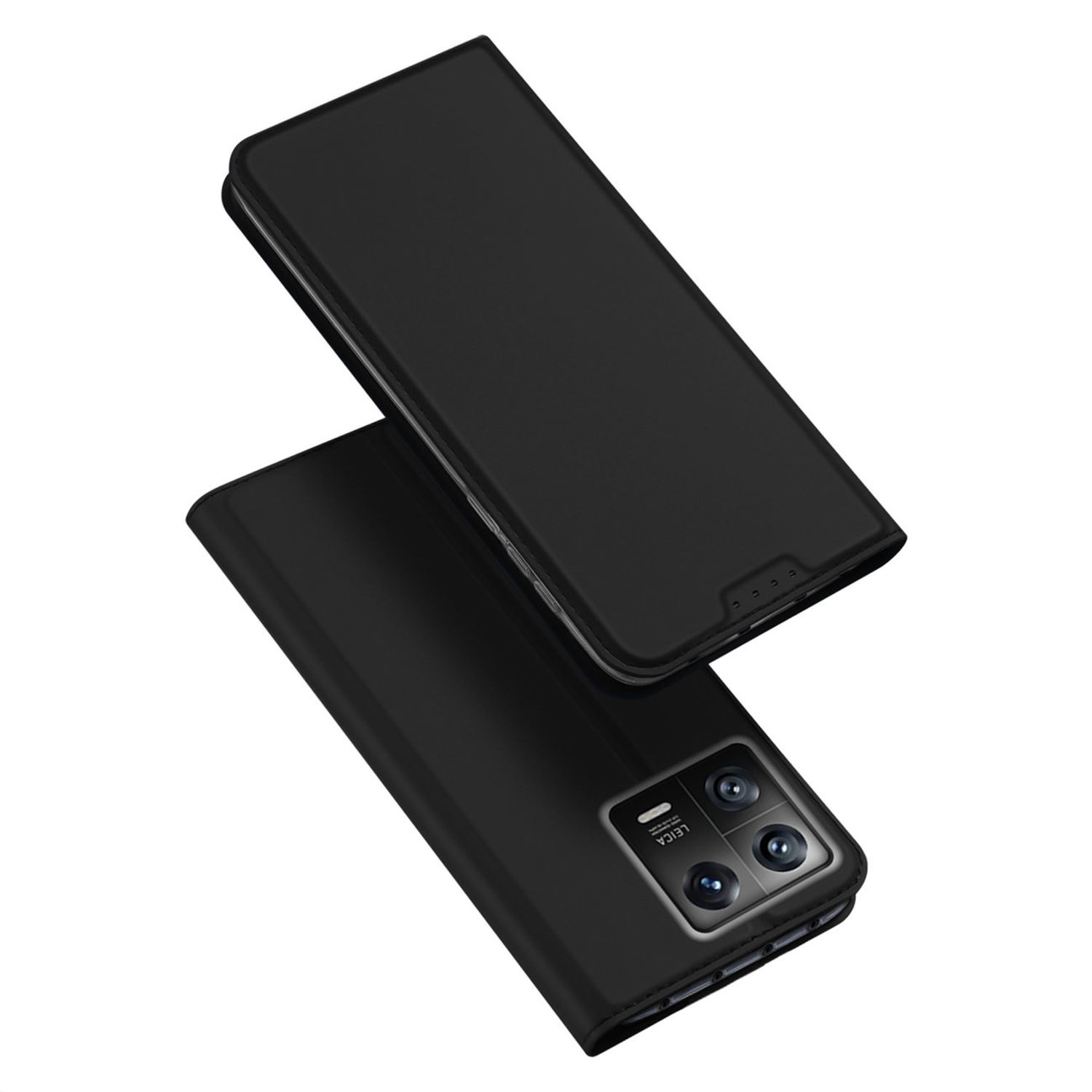 Telefono nero in una custodia in pelle nera. La custodia è aperta, mostrando il telefono.
