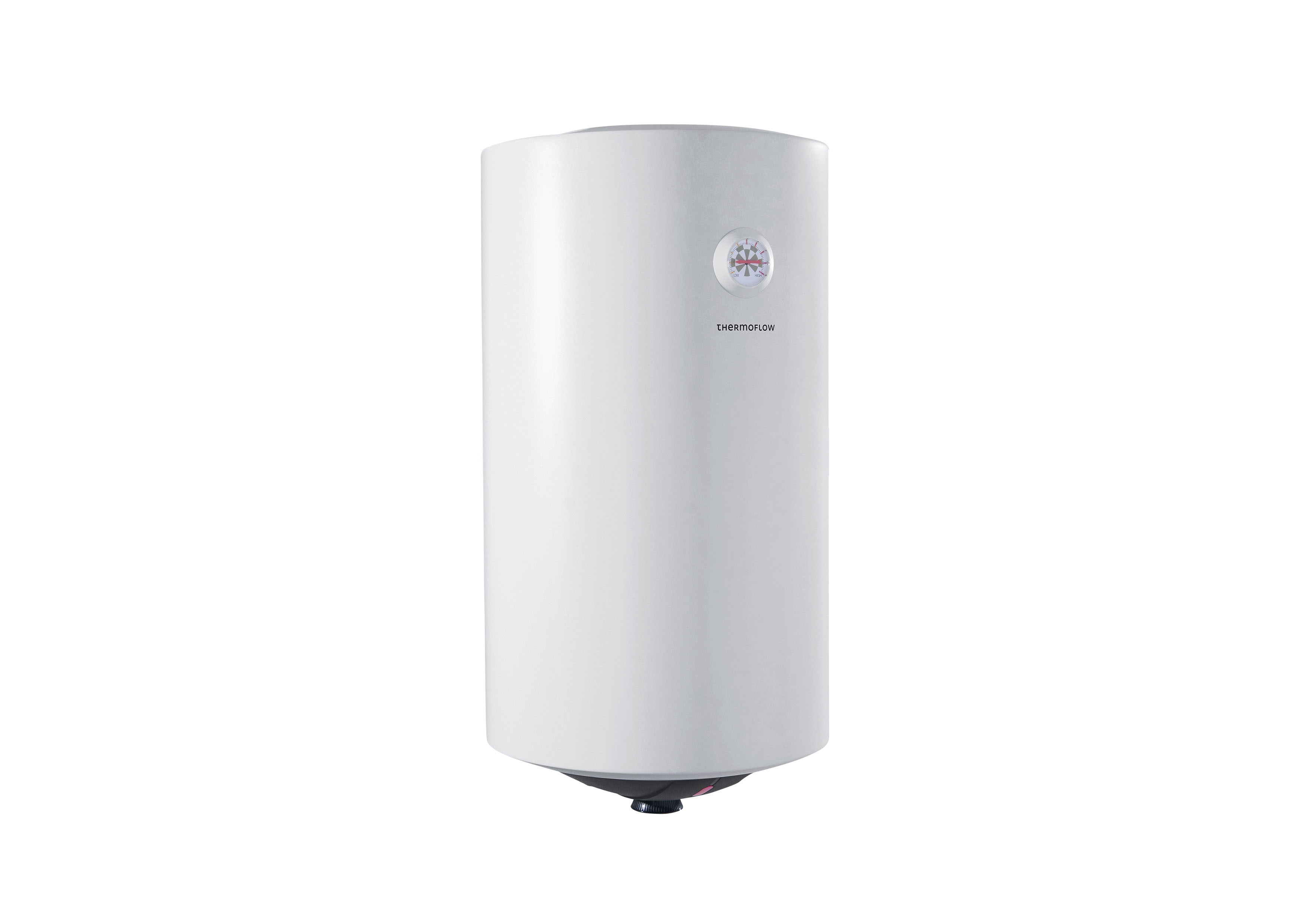 Ein weißer, zylindrischer Warmwasserbereiter mit Thermometer und Markenschild.