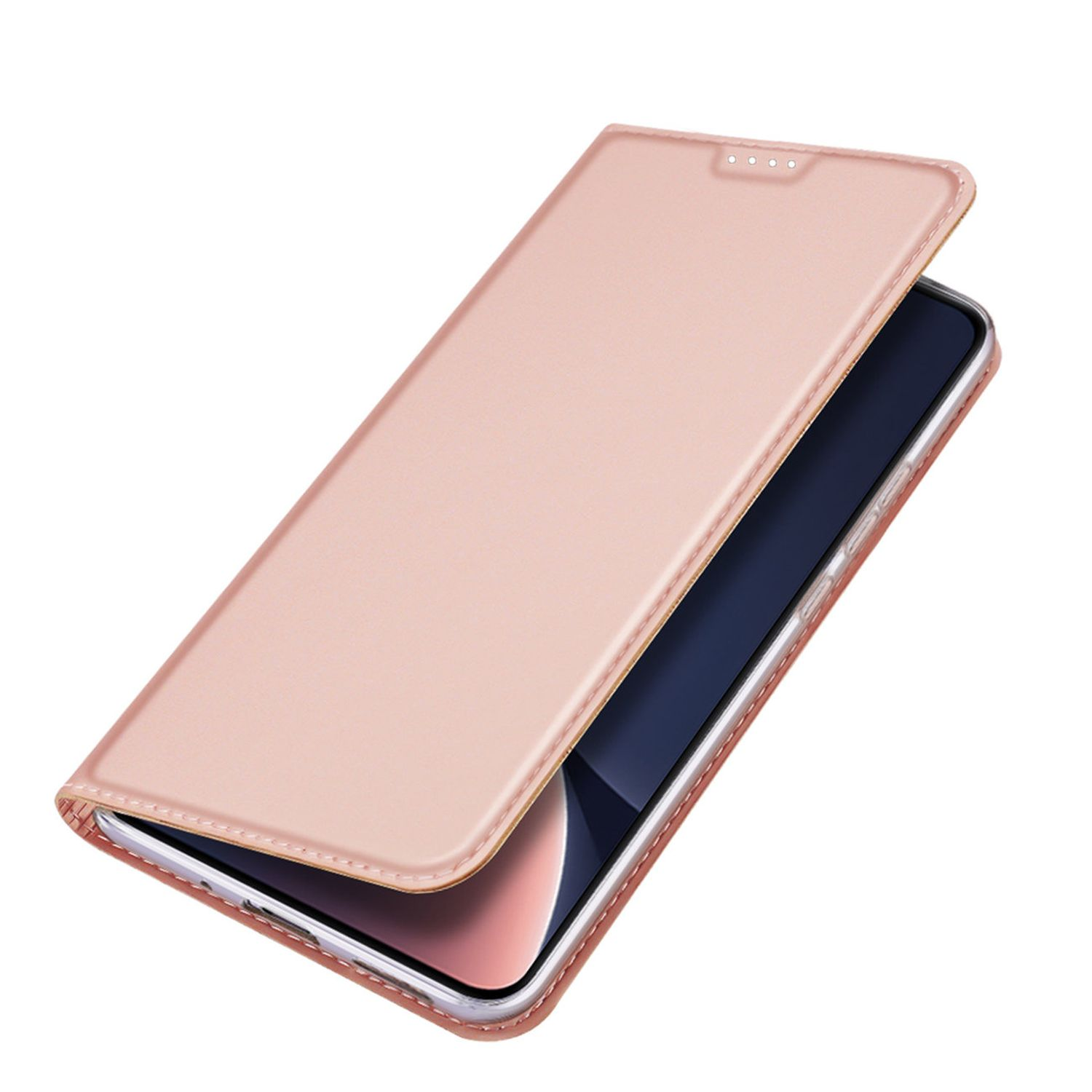Custodia telefono oro rosa aperta, con telefono dentro, schermo visibile. Sfondo bianco.