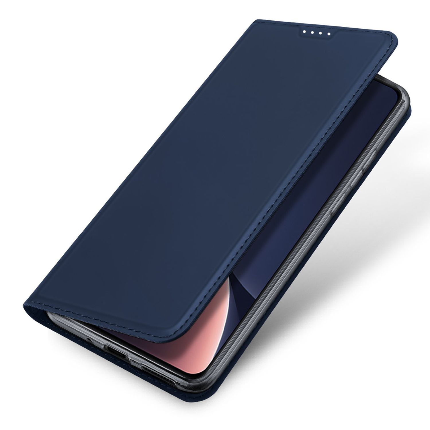 Marineblaue Handyhülle, geöffnet, zeigt ein Telefon. Die Hülle liegt auf weißer Oberfläche.