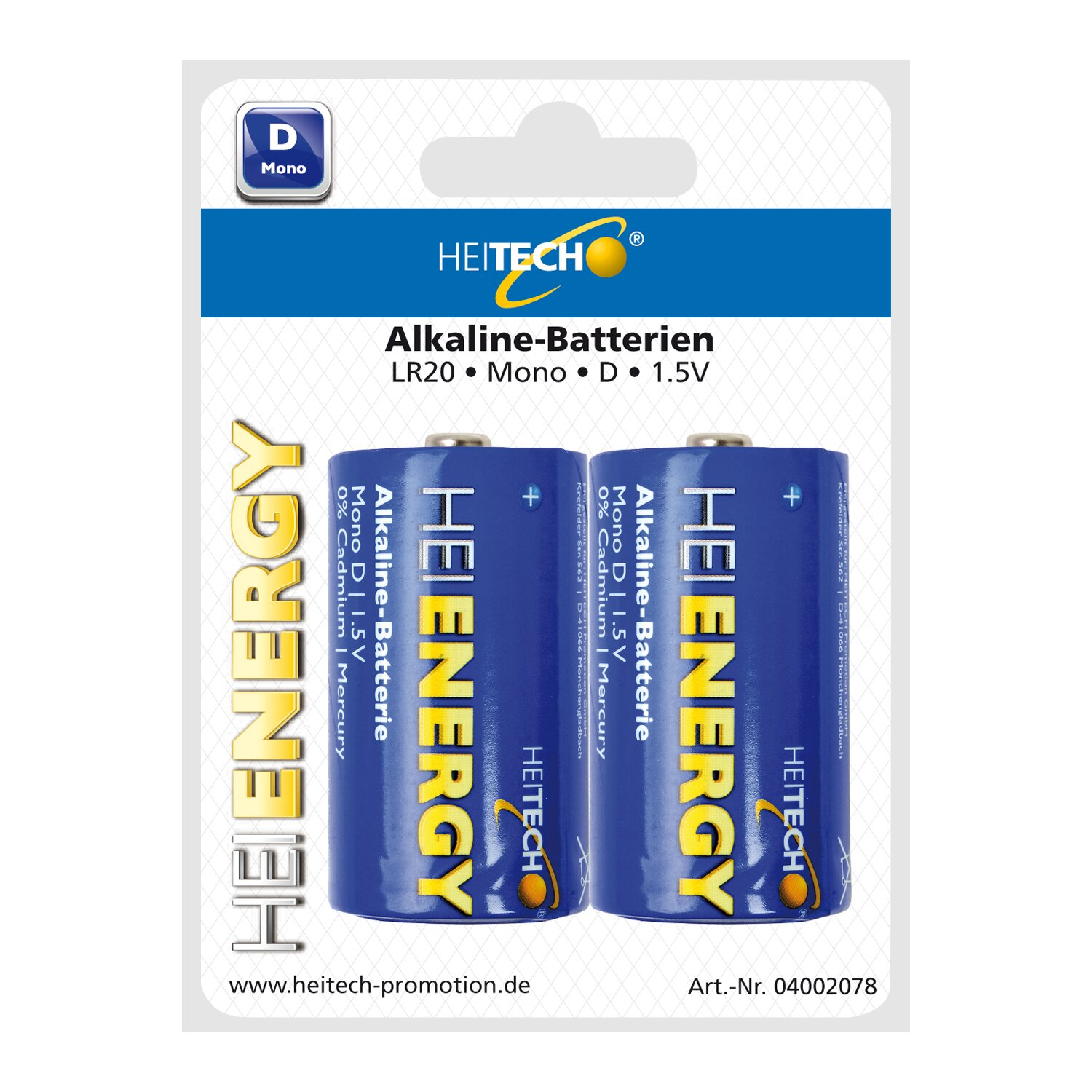 Zwei blau-weiße HEITECH Batterien in einer Packung, mit weißem Hintergrund und blauer Box.