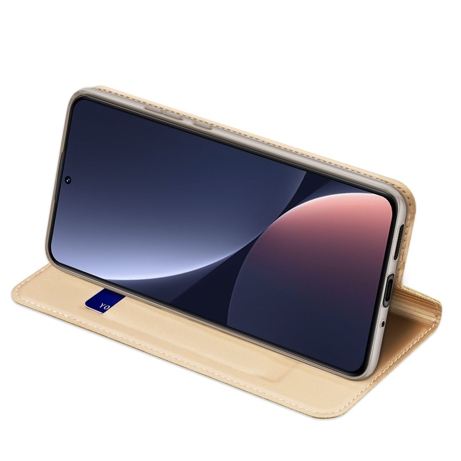 Custodia beige per telefono. Schermo mostra gradiente di colore. Aperta, in piedi su una superficie.