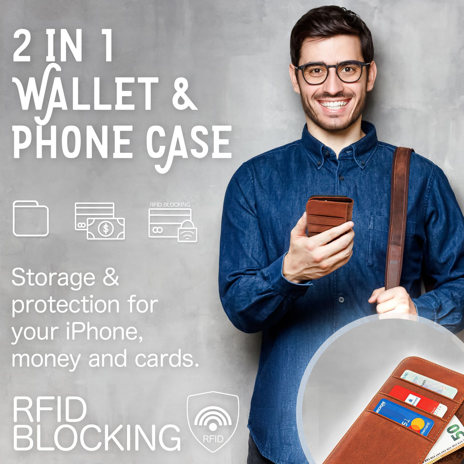 Un uomo tiene in mano una custodia per telefono-portafoglio marrone. Il testo dice '2 in 1 portafoglio e custodia per telefono' e descrive lo spazio per iPhone, denaro e carte.