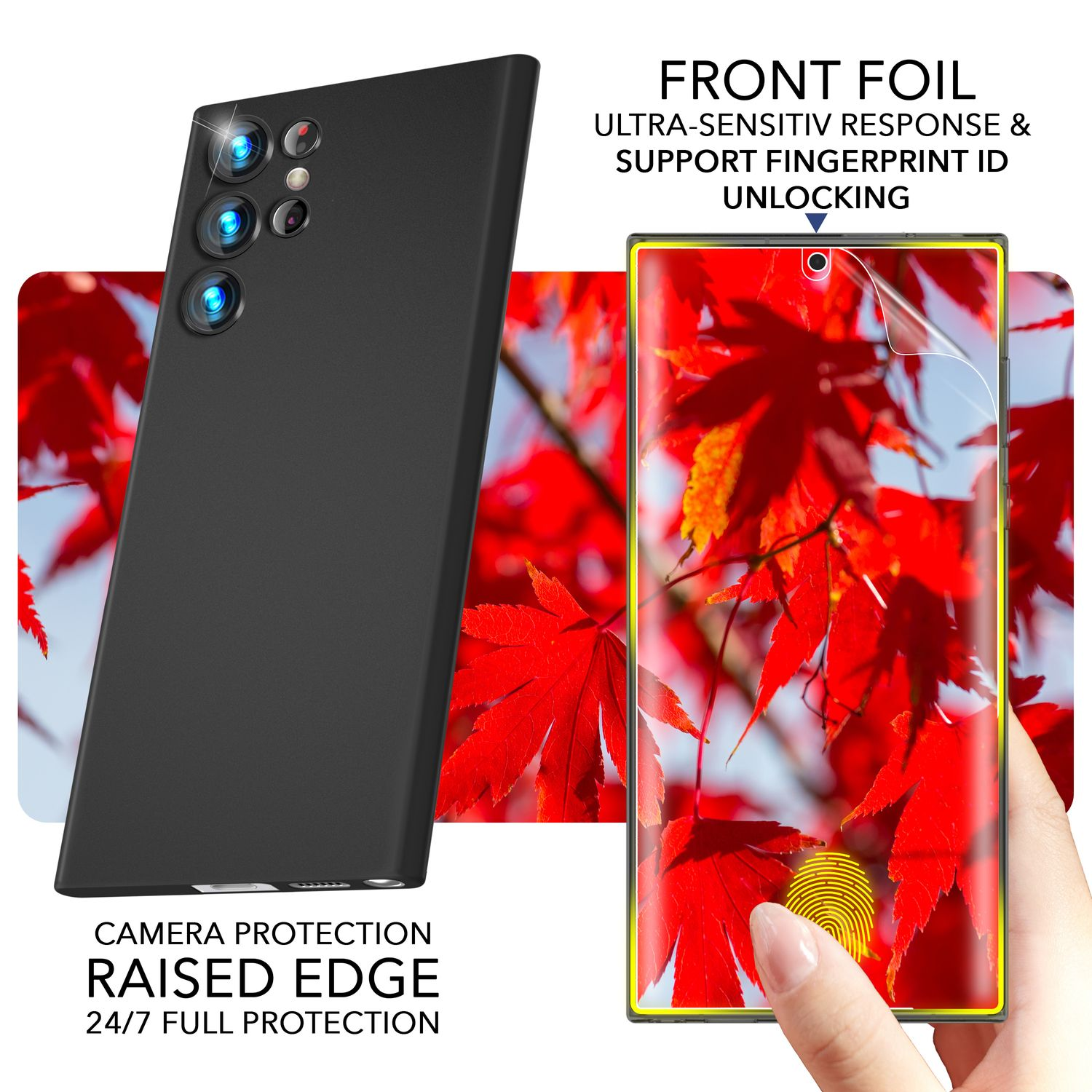 Ein schwarzes Telefon mit Displayschutz und roten Blättern im Hintergrund.