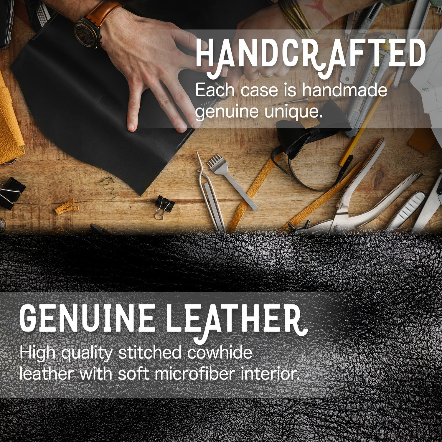 Hände arbeiten mit Leder und Werkzeugen auf einem Holztisch. Text mit 'Handgefertigt' und 'Echtes Leder'.