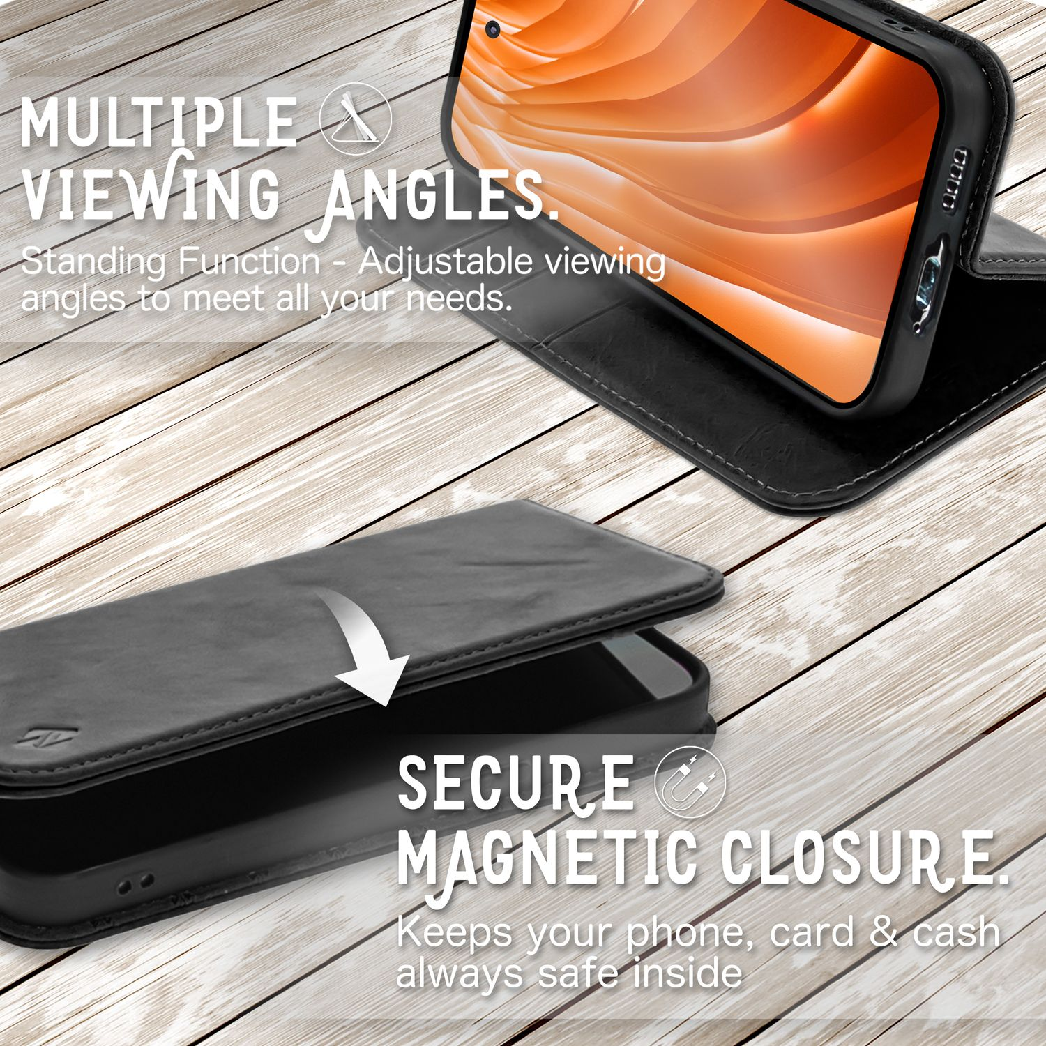 NALIA Echt Leder Flip mit Galaxy Plus, Flip Samsung, Magnetverschluss, Schwarz Hülle S23 Case Cover