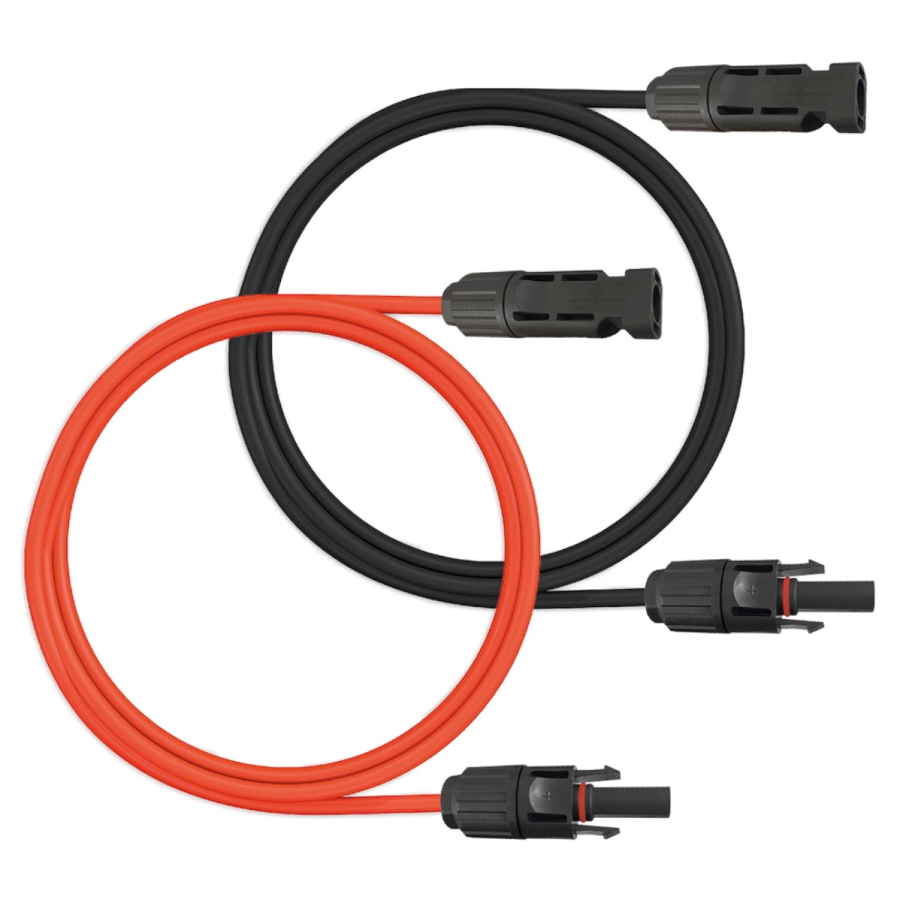 Zwei Solarmodulkabel. Eines ist rot, das andere schwarz. Beide haben schwarze Stecker.