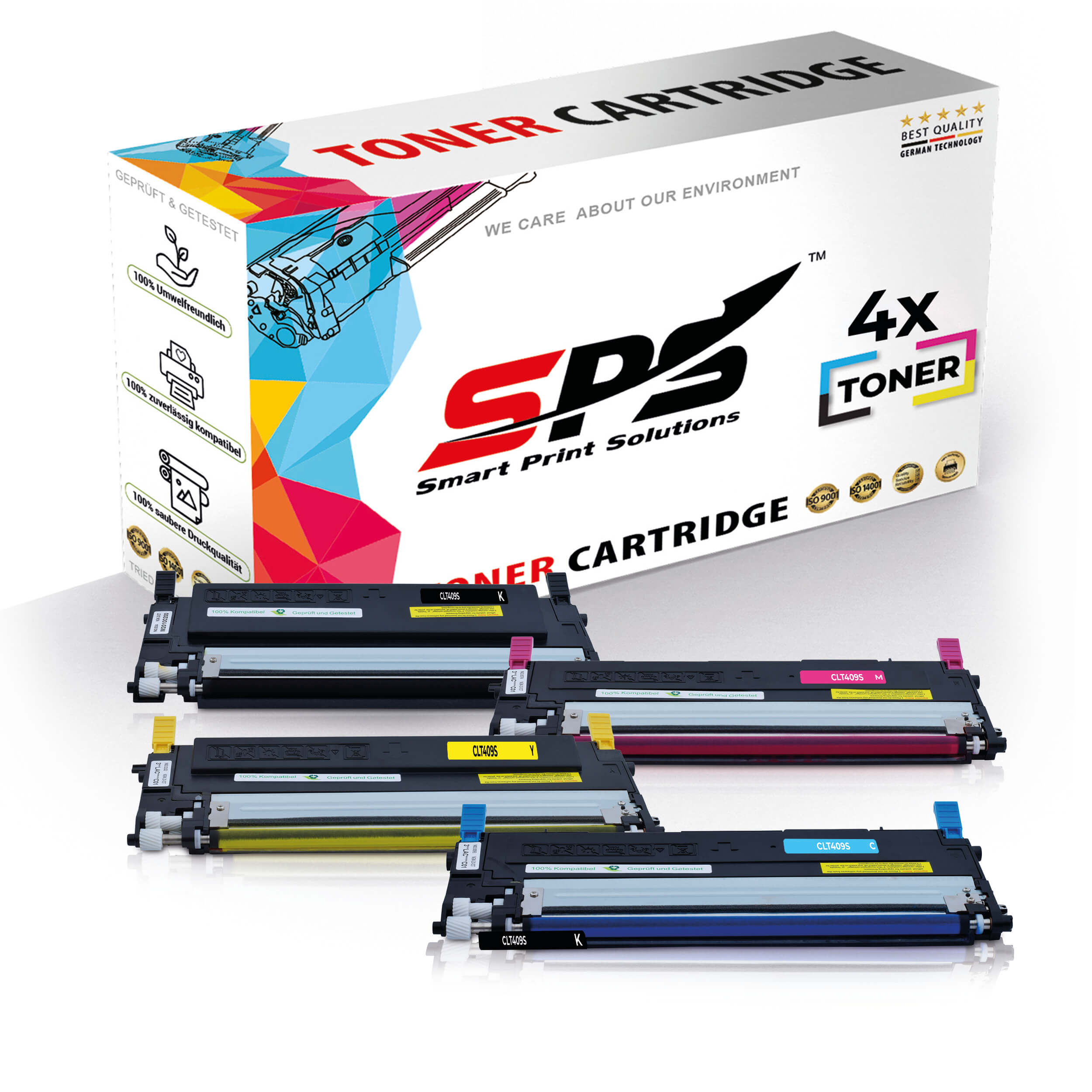 Tonerkartuschenbox und vier Kartuschen. Die Box sagt '4x Toner' und 'Smart Print Solutions'.