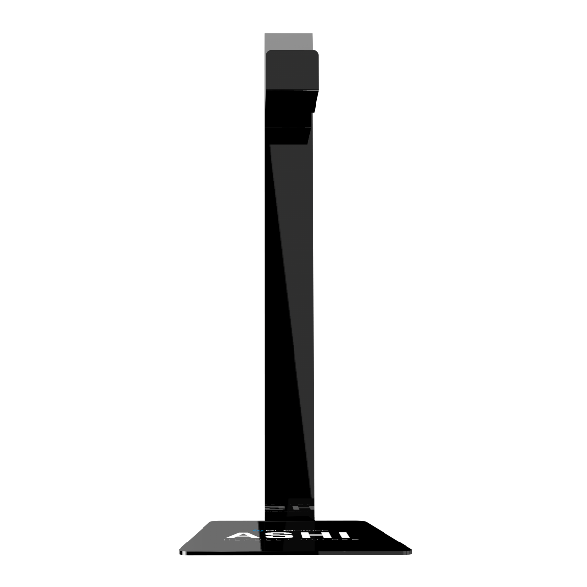 Soporte negro para auriculares, diseño elegante con base rectangular.