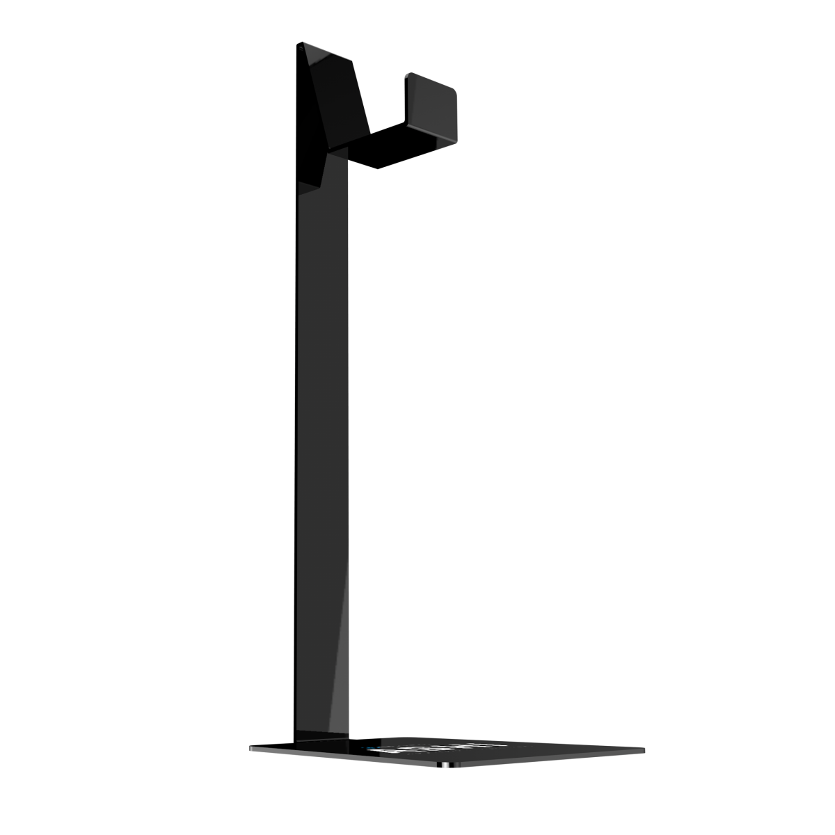 Un soporte negro y gris sobre un fondo negro. Tiene una base rectangular.