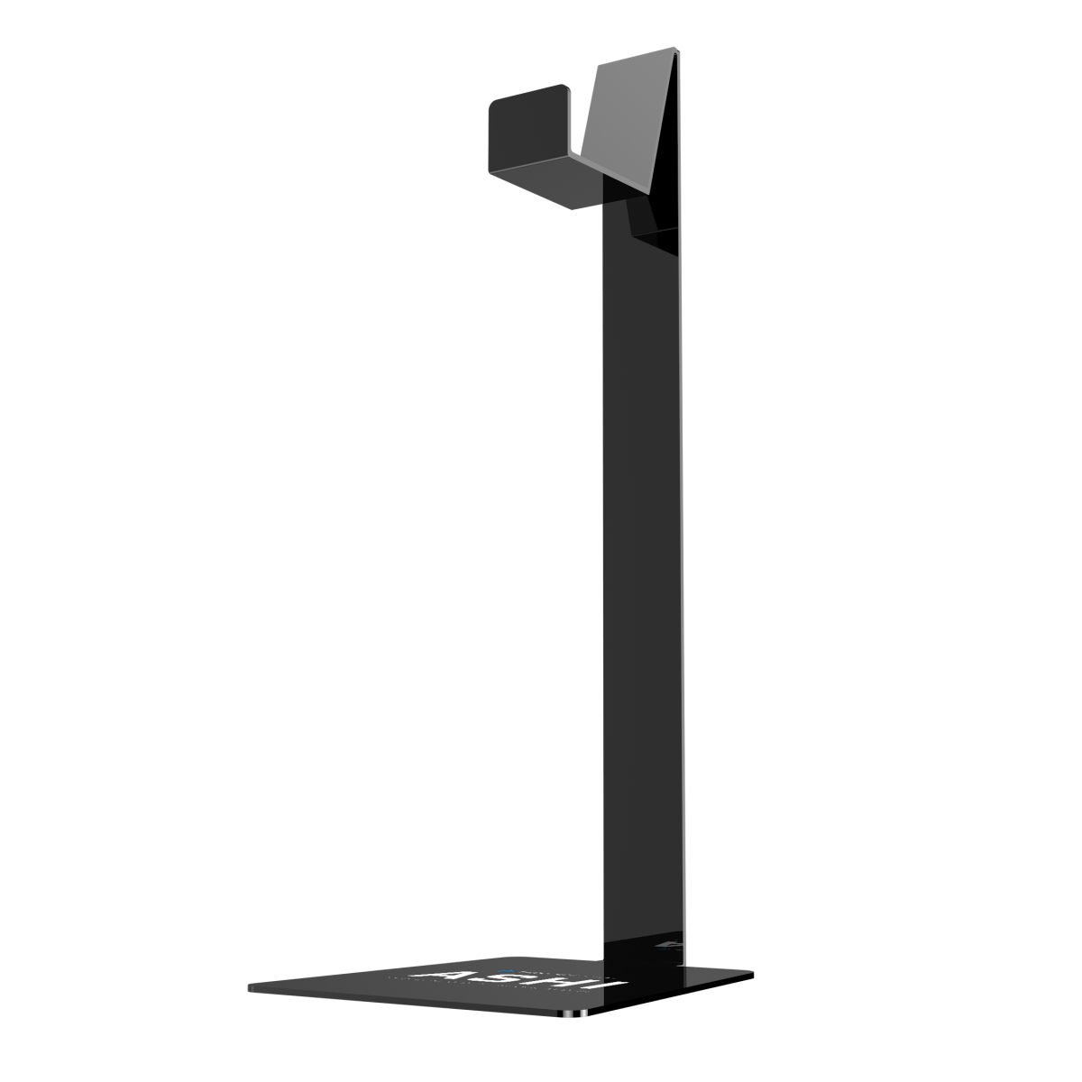 Un soporte para auriculares negro sobre un fondo negro, con un logotipo en la parte inferior.
