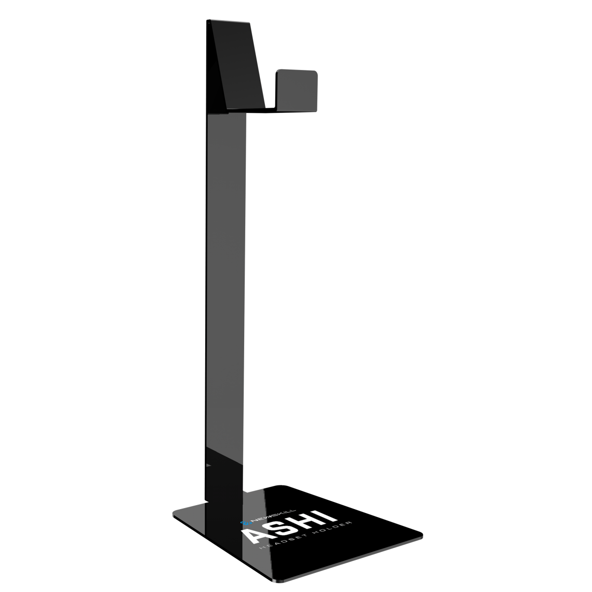 Soporte para auriculares con una base negra y una columna alta y recta que sostiene un reposacabezas.
