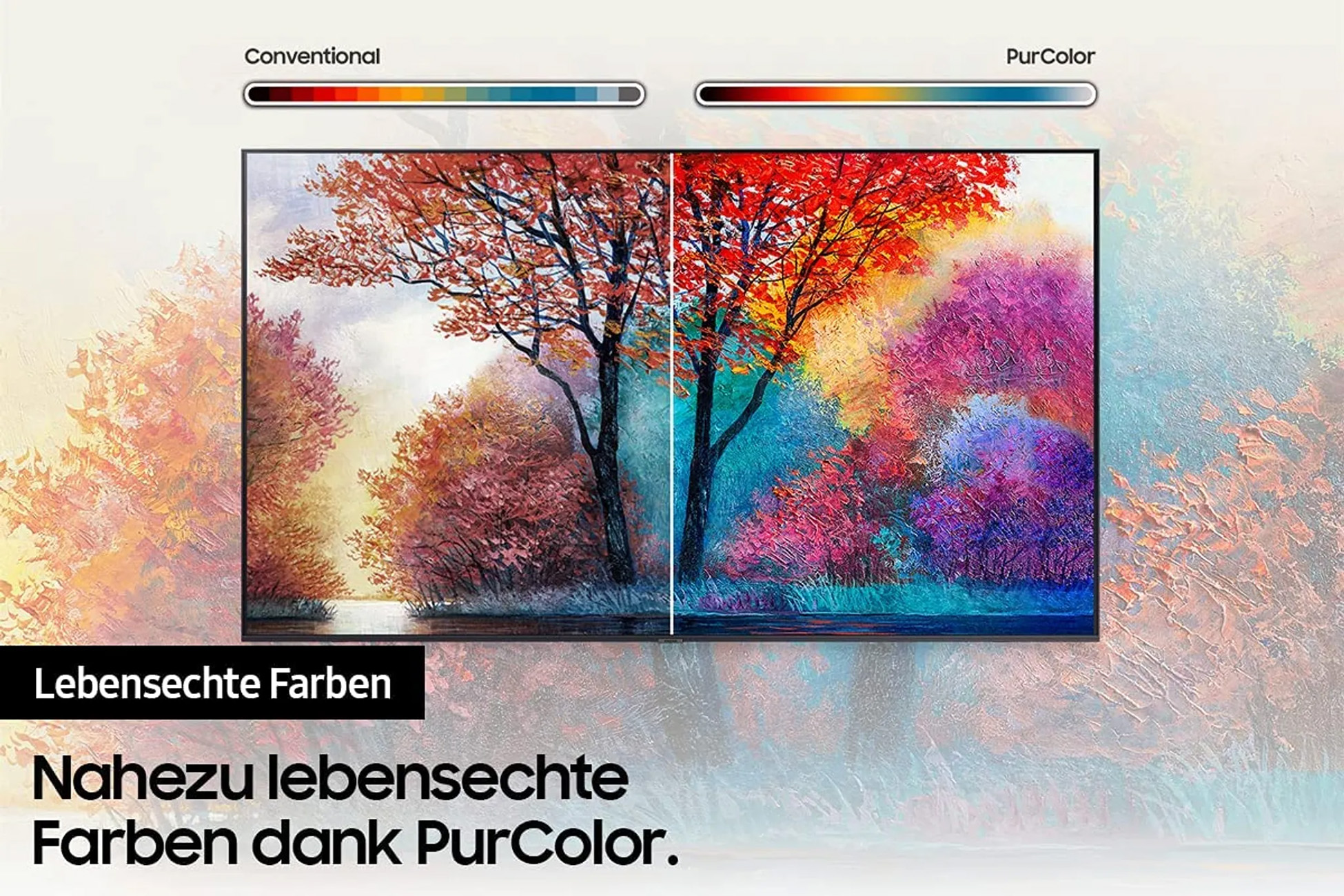 Ekran telewizora pokazuje porównanie kolorów z żywymi drzewami. Jedna strona jest konwencjonalna, druga PurColor.