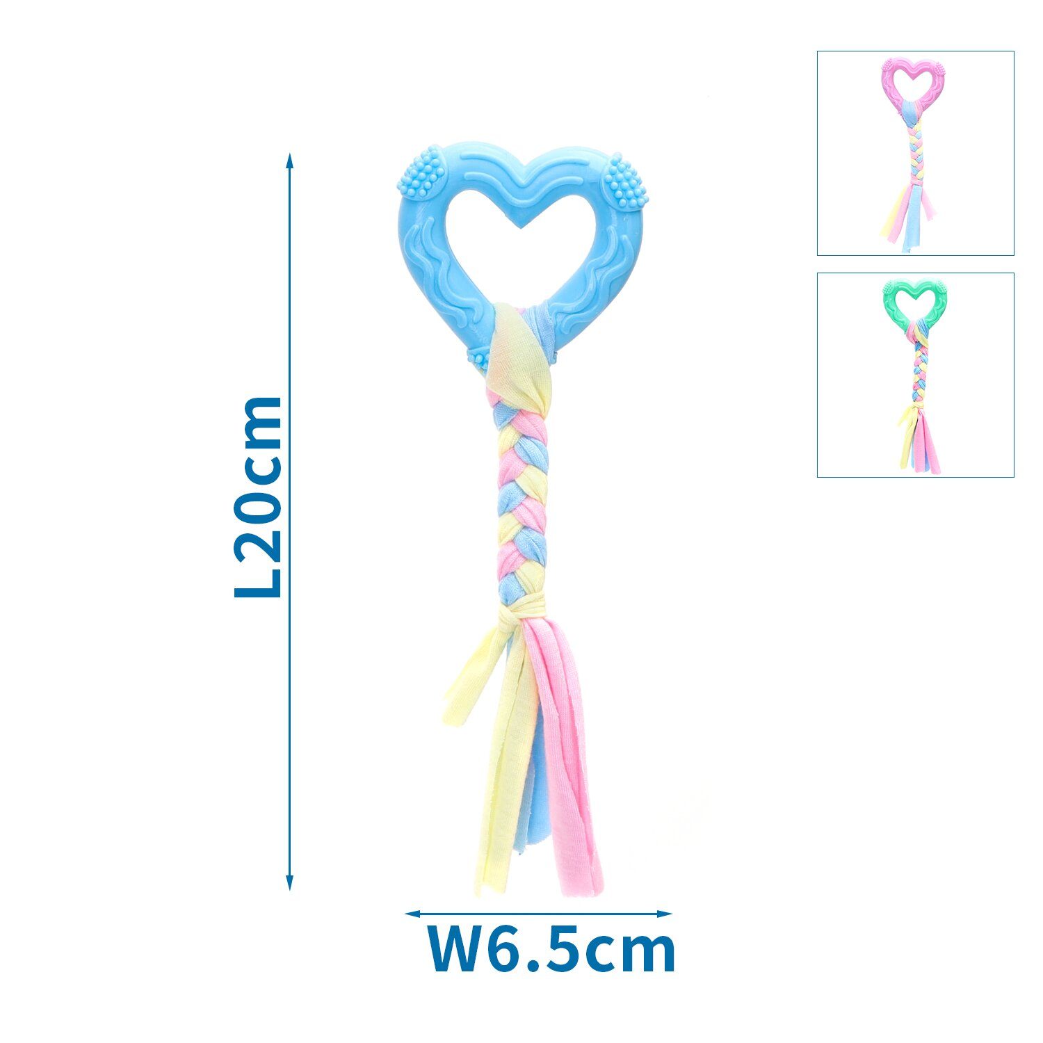 Giocattolo per cani blu a forma di cuore con coda in tessuto intrecciato, nastri colorati e dimensioni etichettate.