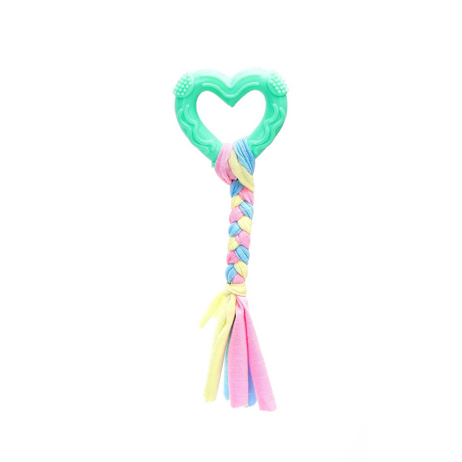 Un giocattolo per cani a forma di cuore con un corpo verde menta e una corda intrecciata colorata che pende.