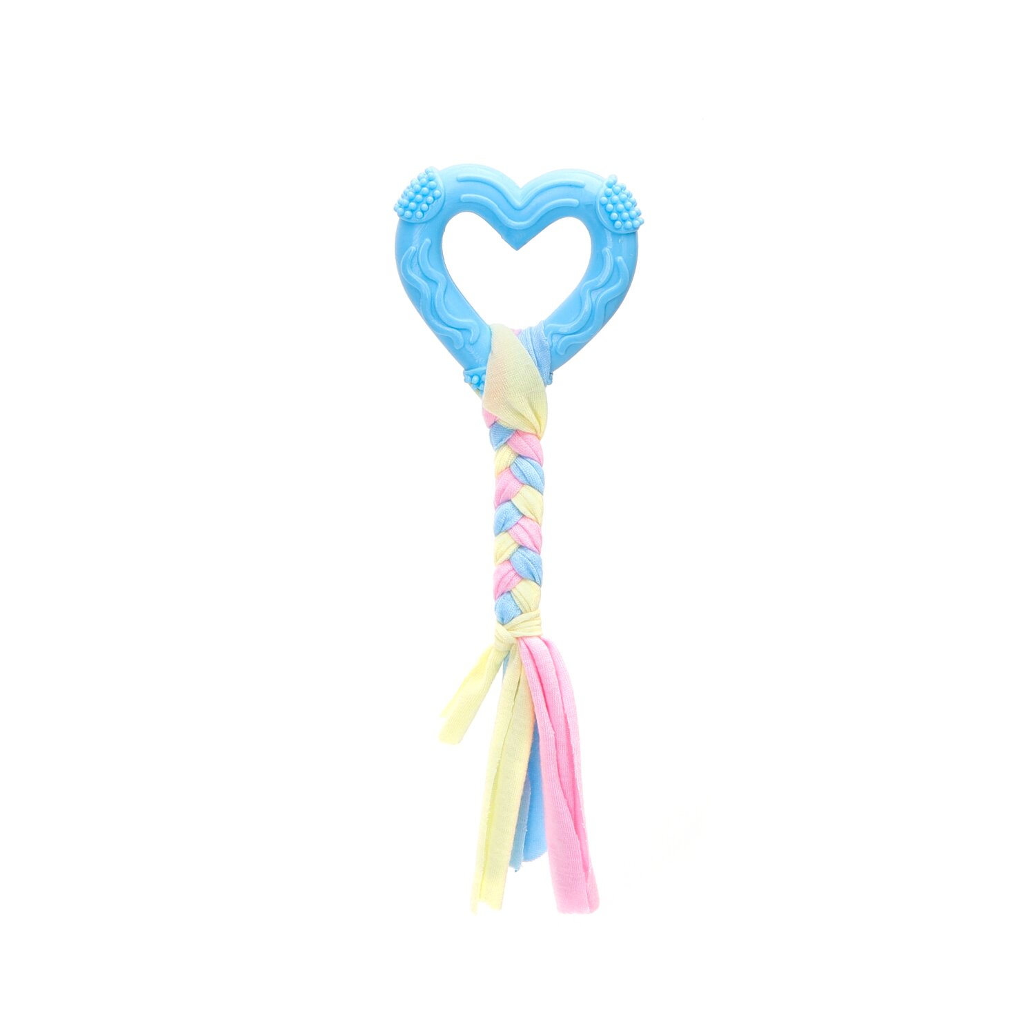 Un giocattolo per cani blu a forma di cuore con una sezione intrecciata e estremità in tessuto colorato.