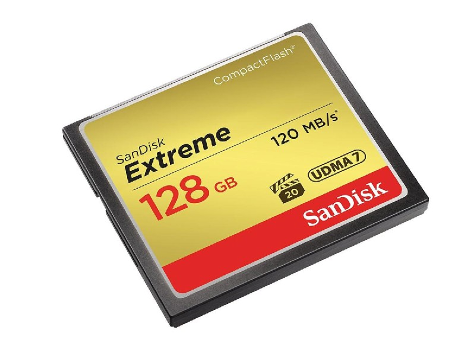 Eine SanDisk Extreme CompactFlash-Karte mit Gold- und Rotdetails auf weißem Hintergrund.
