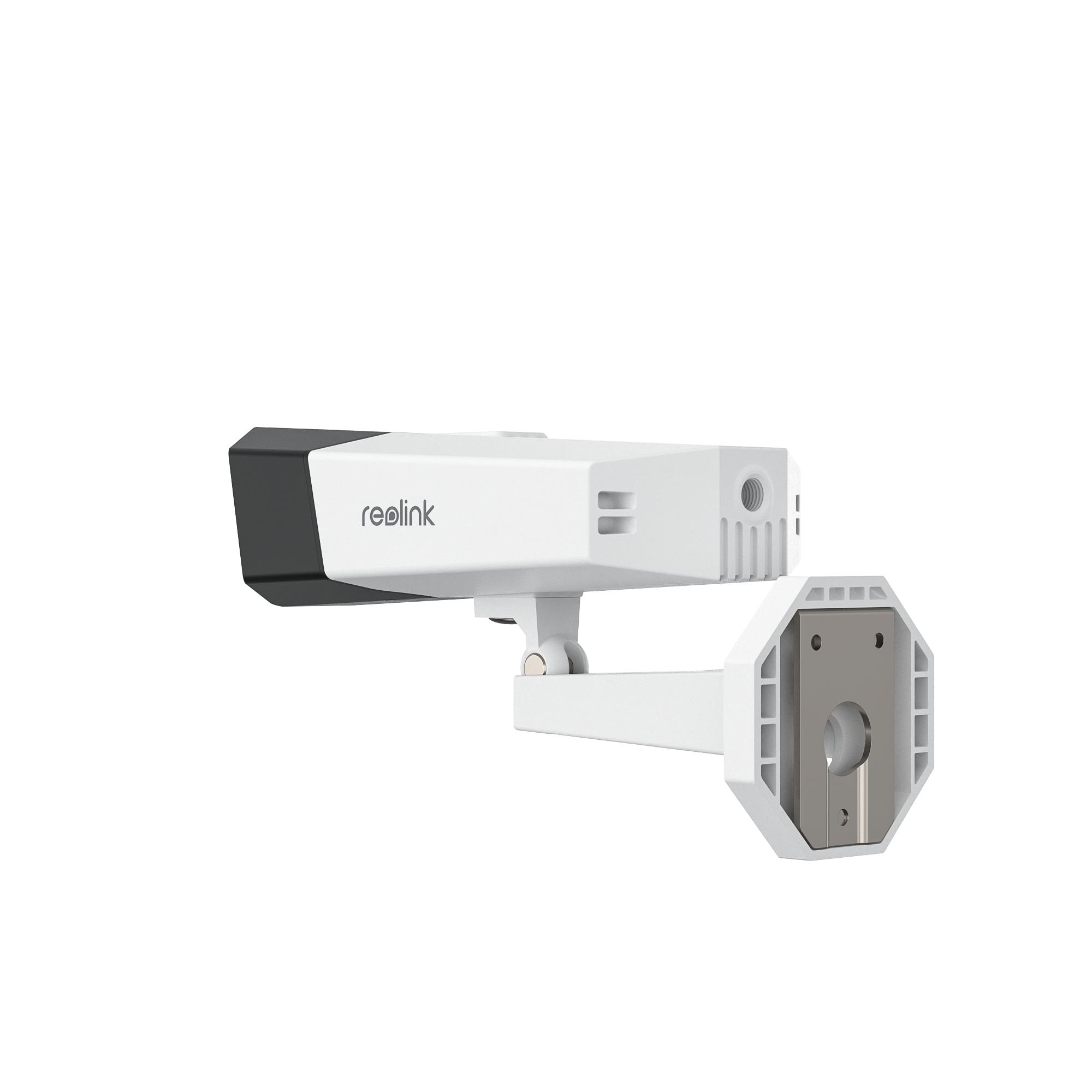 Biało-czarna kamera bezpieczeństwa z logo Reolink, zamontowana na białym ramieniu.