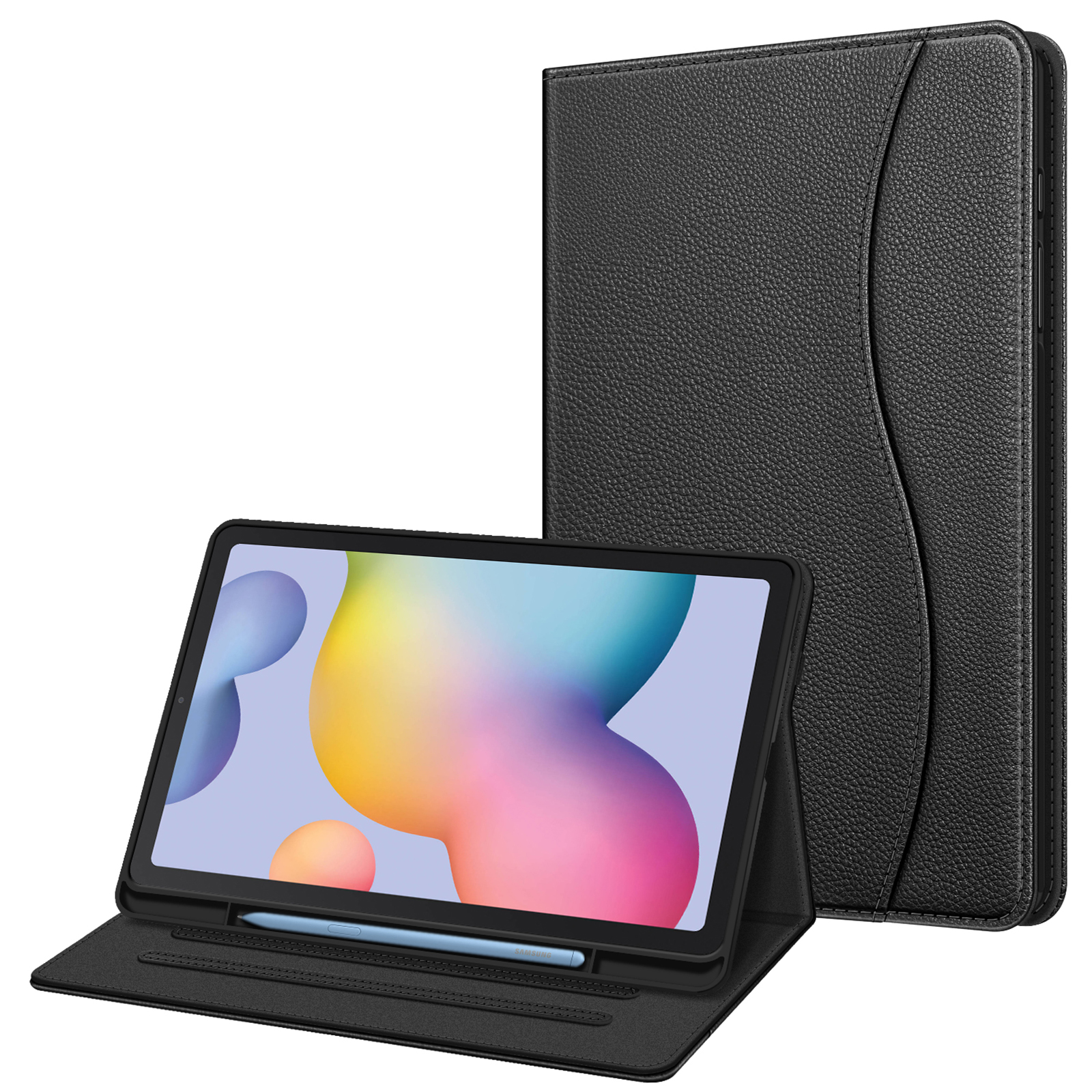 Schwarzes Tablet in schwarzer Ledertasche. Das Tablet ist geöffnet, mit einem Stift.