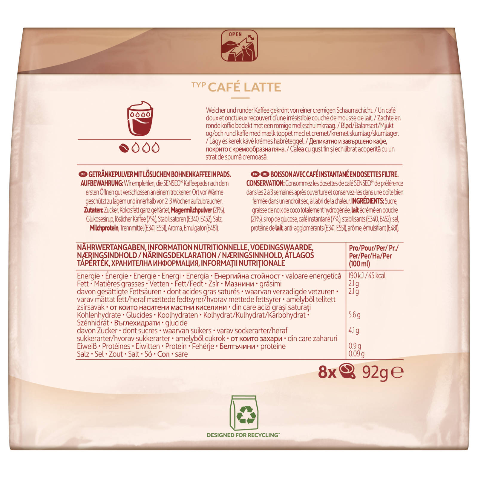 Kaffeepulververpackung mit Text und Nährwertangaben, isoliert auf Weiß.