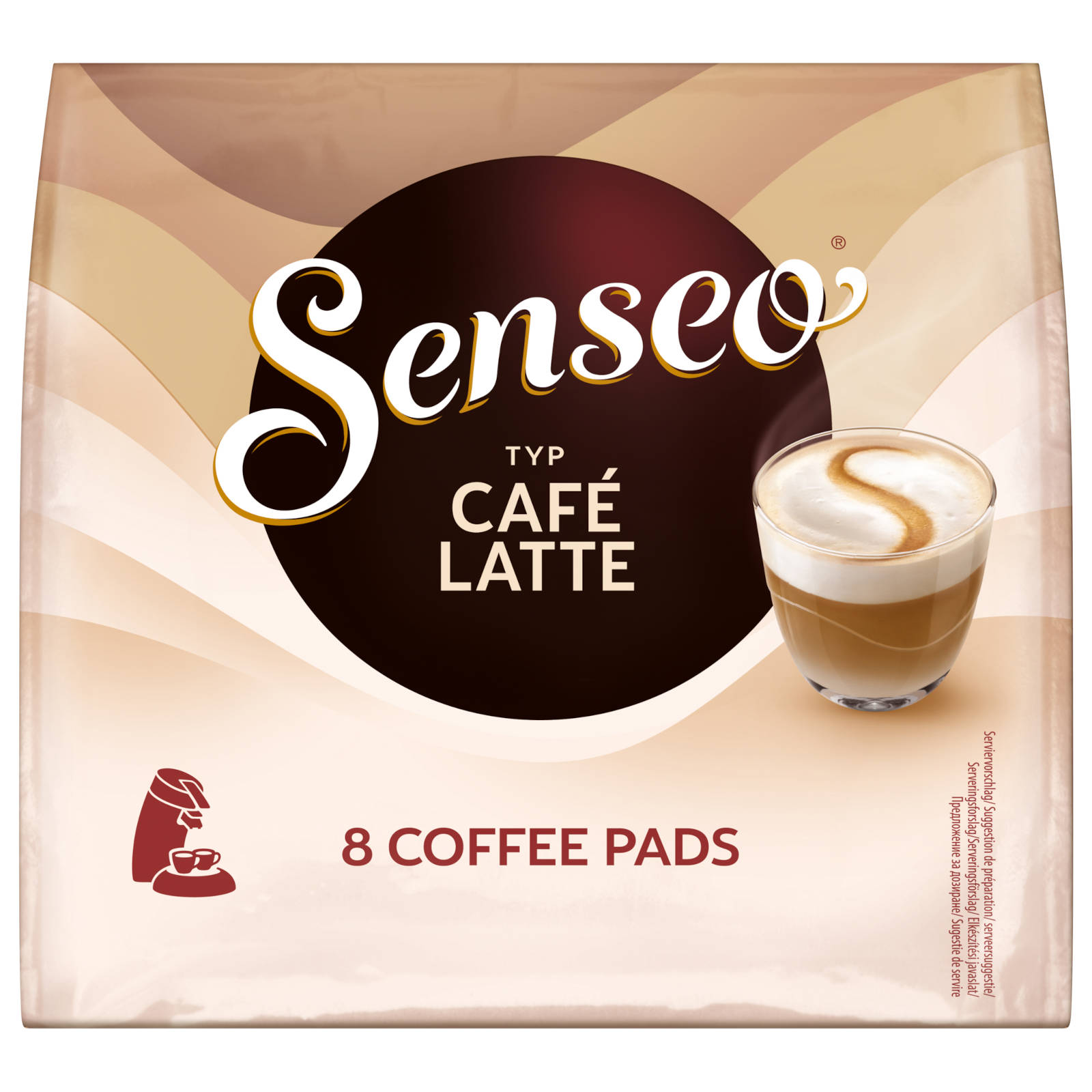Senseo Café Latte Kaffeepads-Packung mit einer Tasse Kaffee.