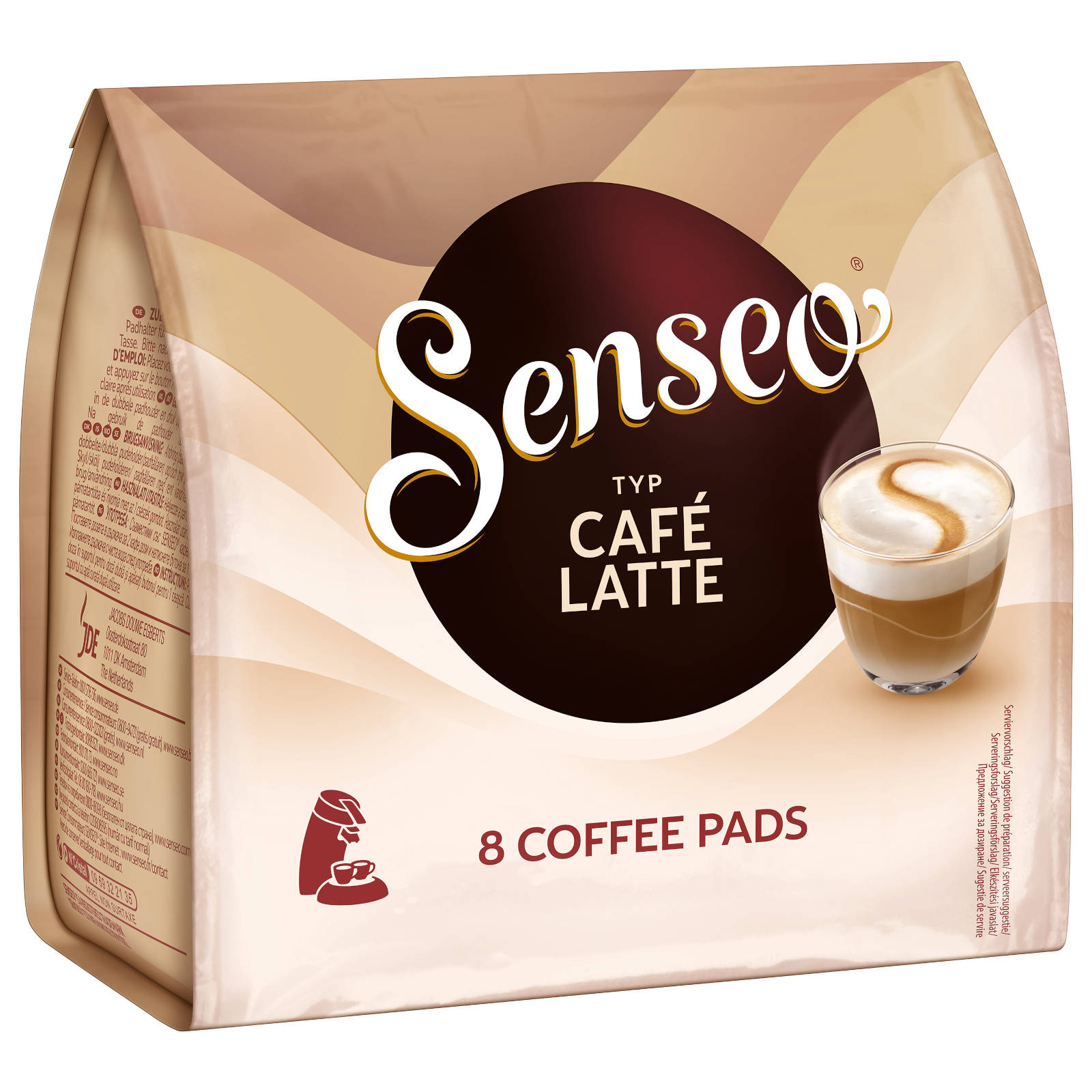 Packung Senseo Café Latte Kaffeepads. Enthält 8 Pads mit Latte-Bild.