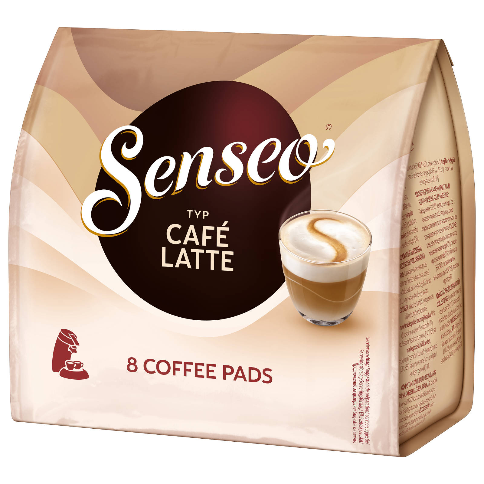 Eine Packung Kaffeepads mit einer Tasse Kaffee mit Milch auf der Vorderseite.