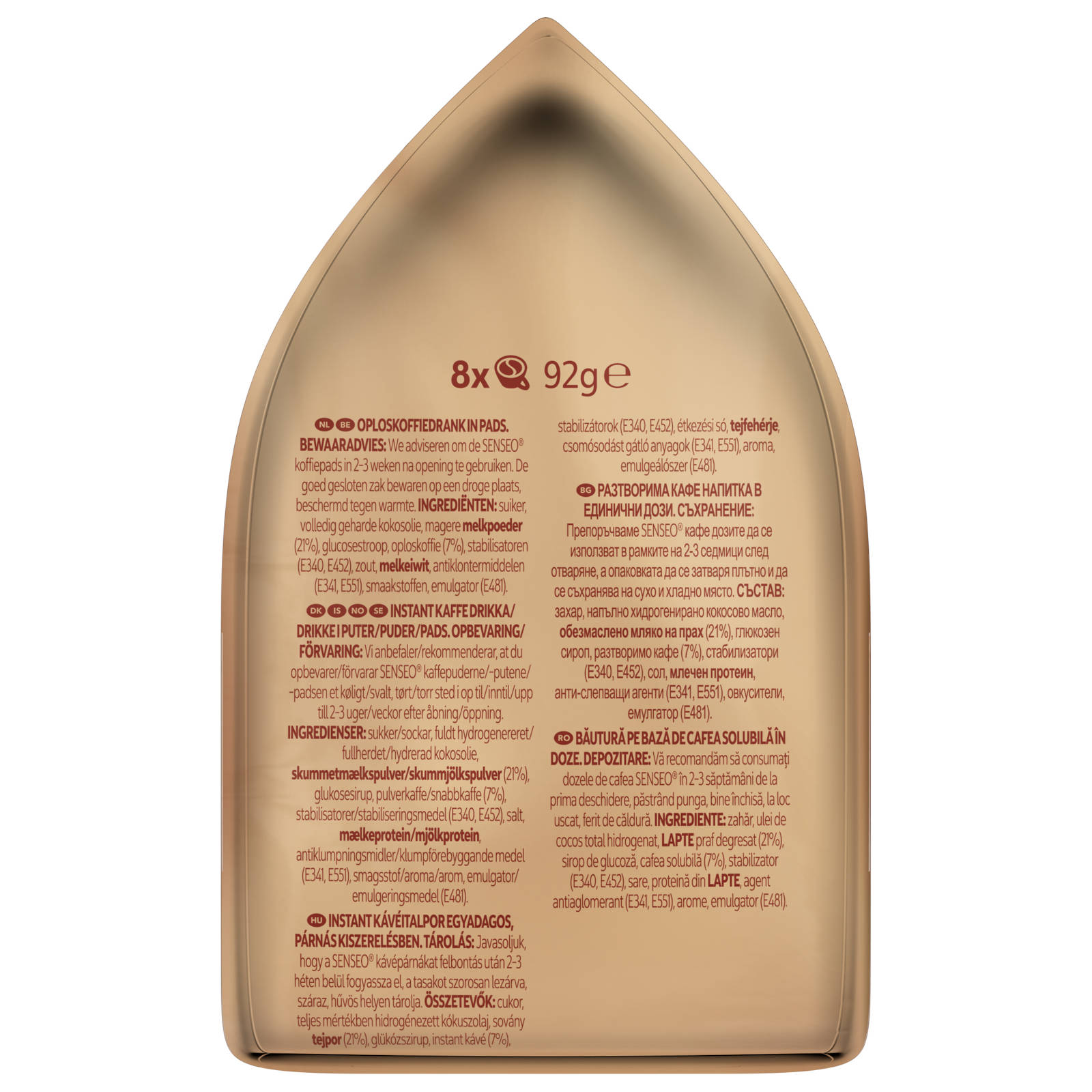 Produkt mit Text in mehreren Sprachen, mit Kaffeegetränk mit Milch und Zutaten.