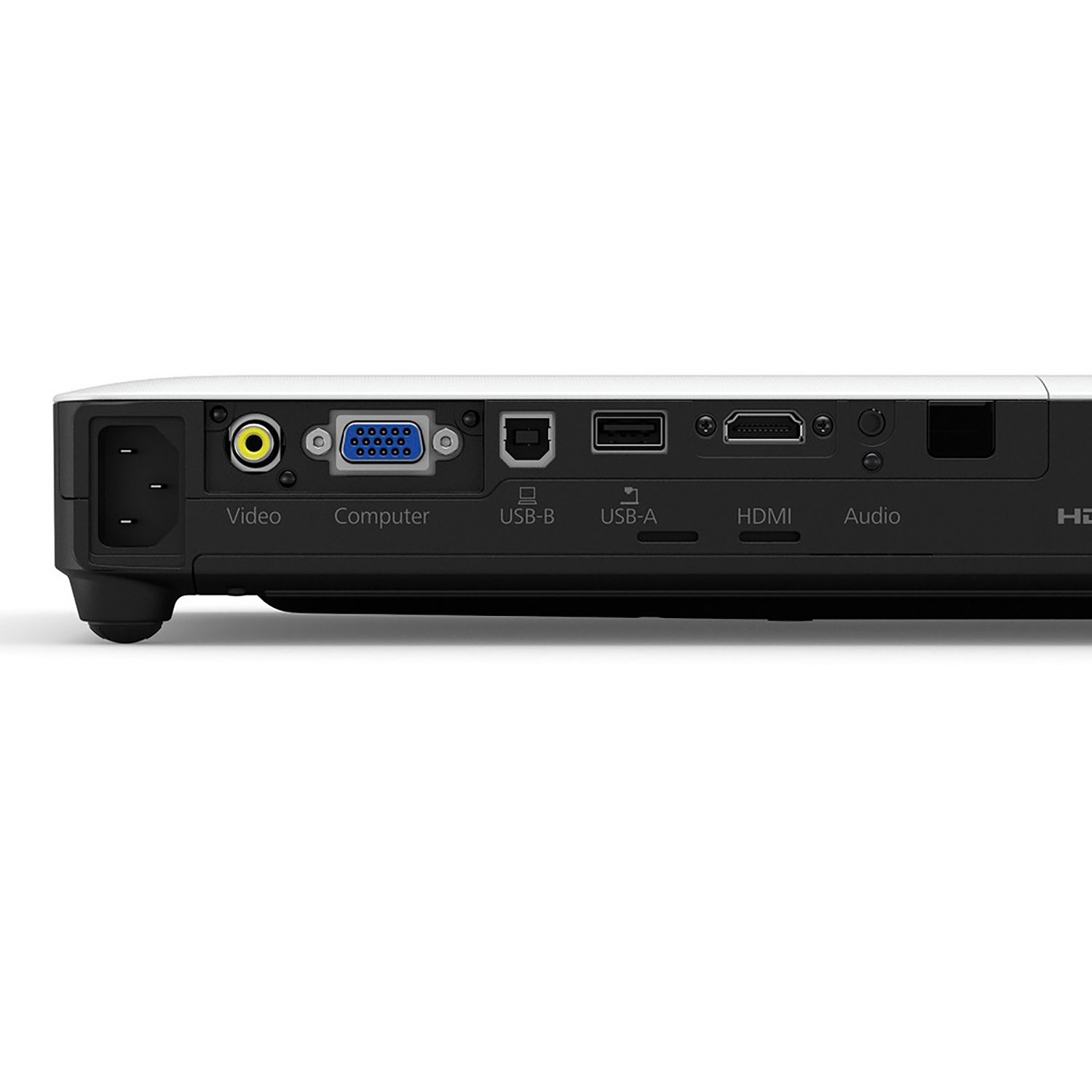 Panel tylny projektora z portami wejścia/wyjścia: wideo, komputer, USB, HDMI i audio.