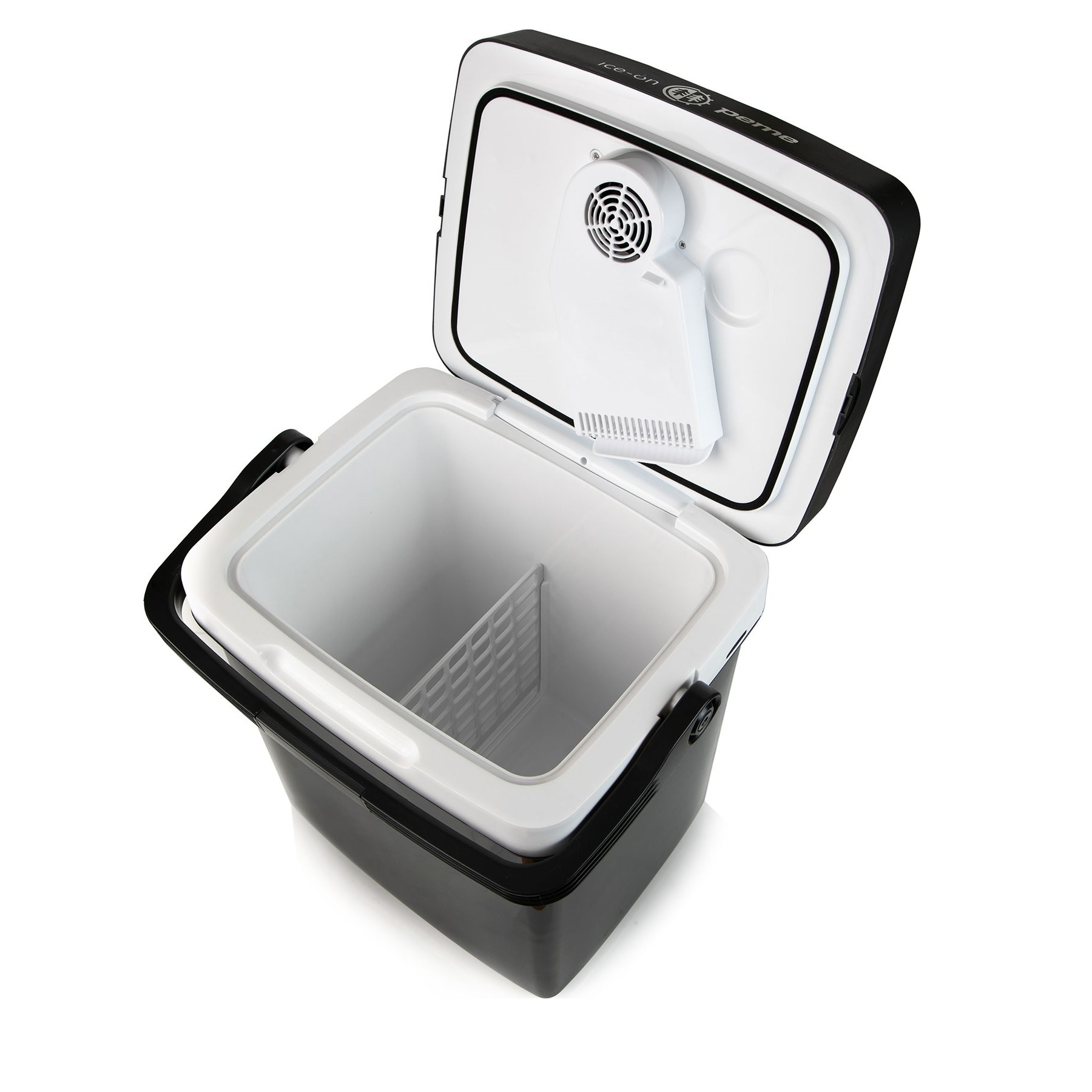 Draufsicht auf eine schwarz-weiße Kühlbox mit offenem Deckel und Trennwand.