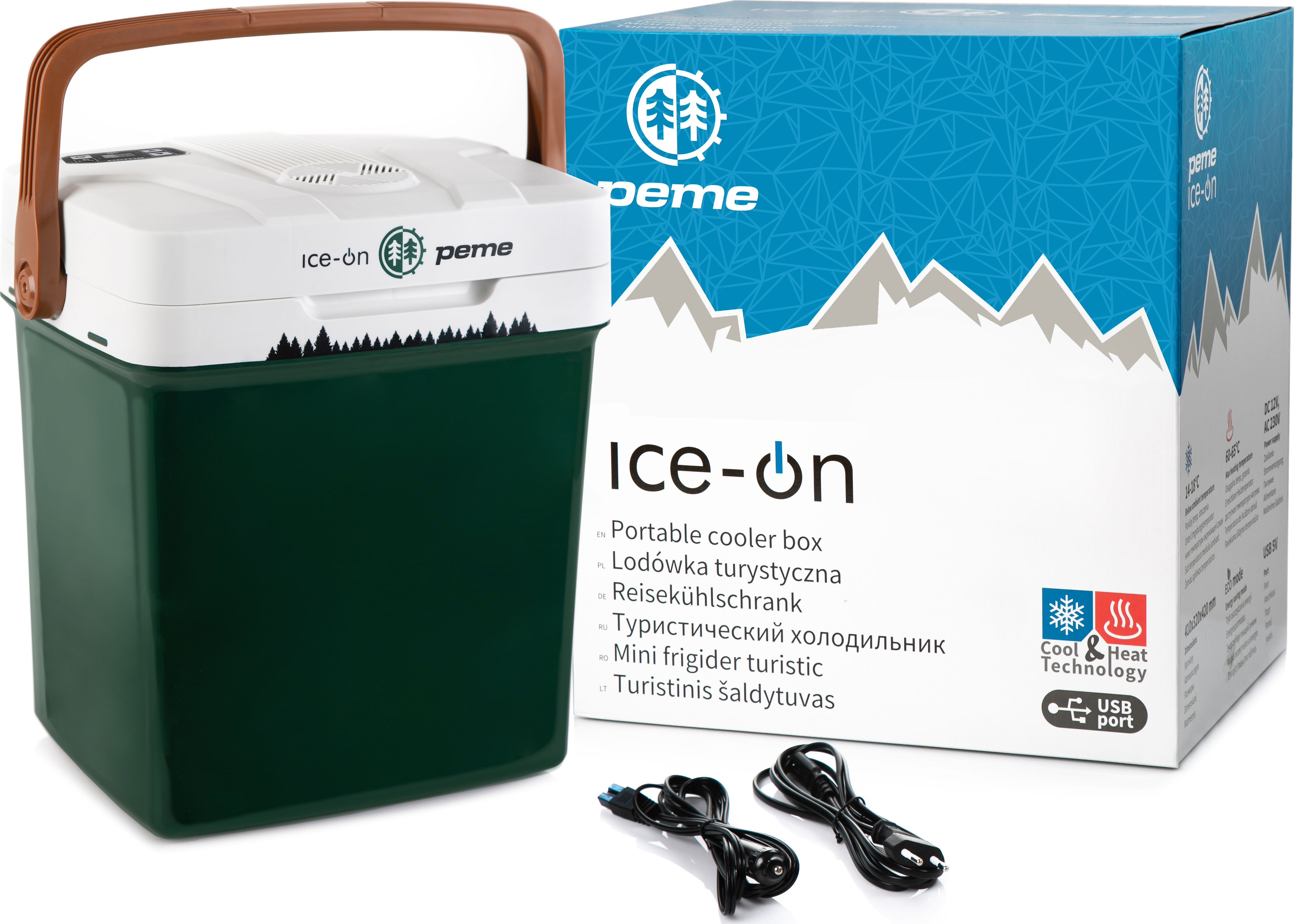 Grüner Kühler mit Griff, weißem Deckel und Box mit Bergen. Kabel liegen davor.