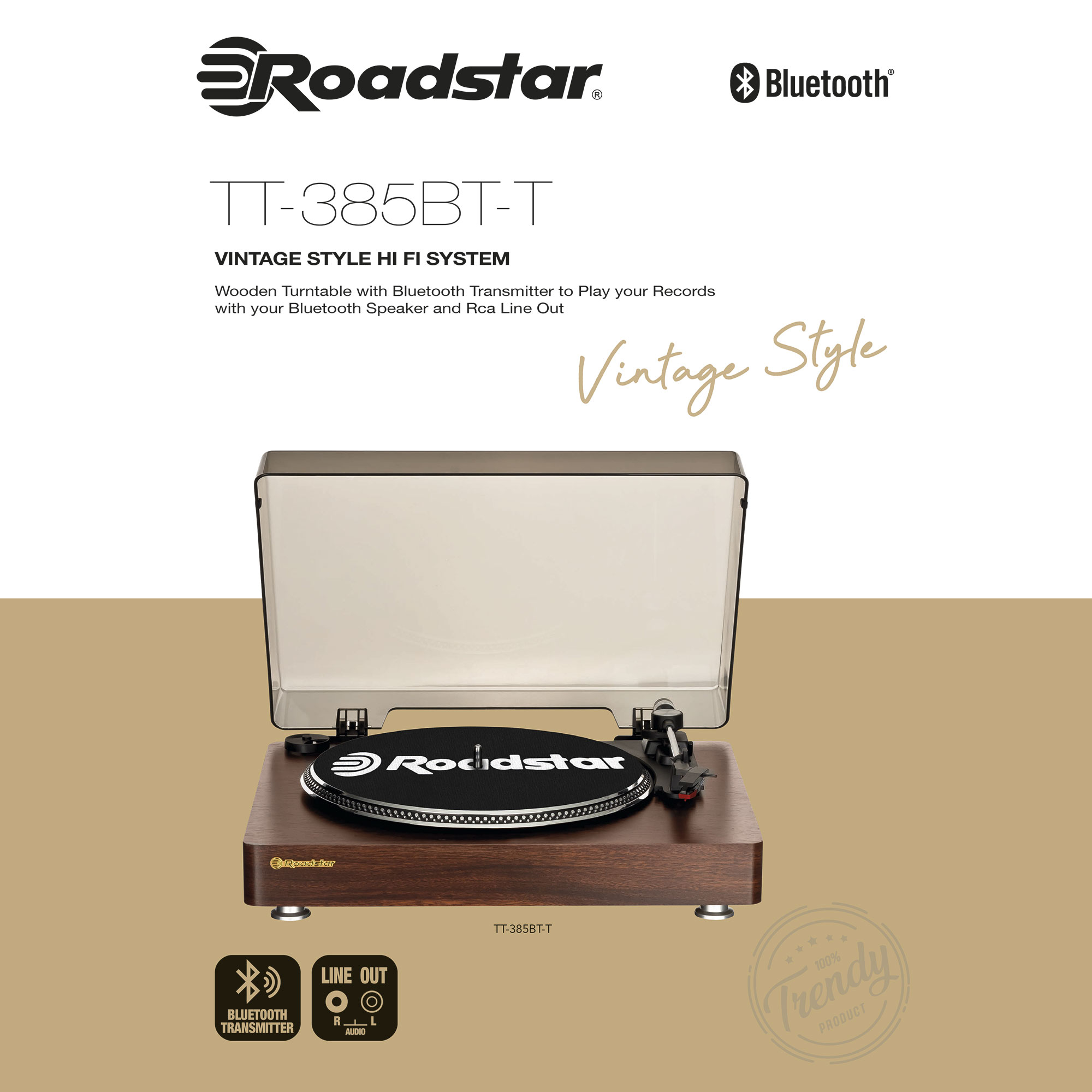 Retro ROADSTAR TT385BTT Holz Vintage Vinyl-Plattenspieler