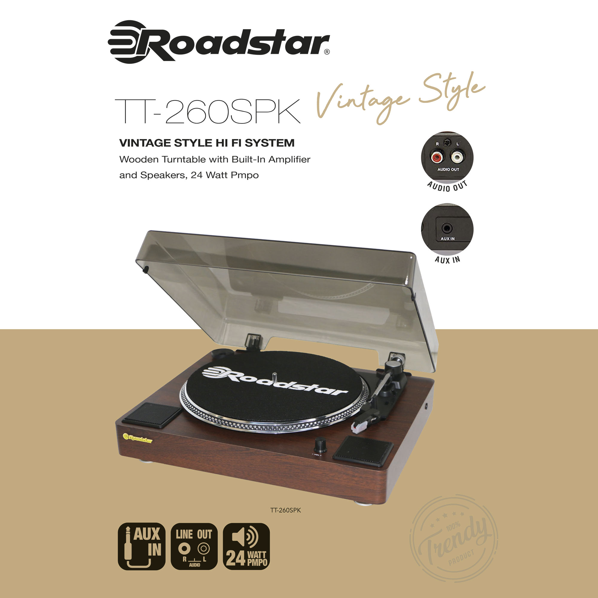 Tocadiscos estilo vintage con acabado de madera, disco de vinilo negro y dos puertos de salida de audio.