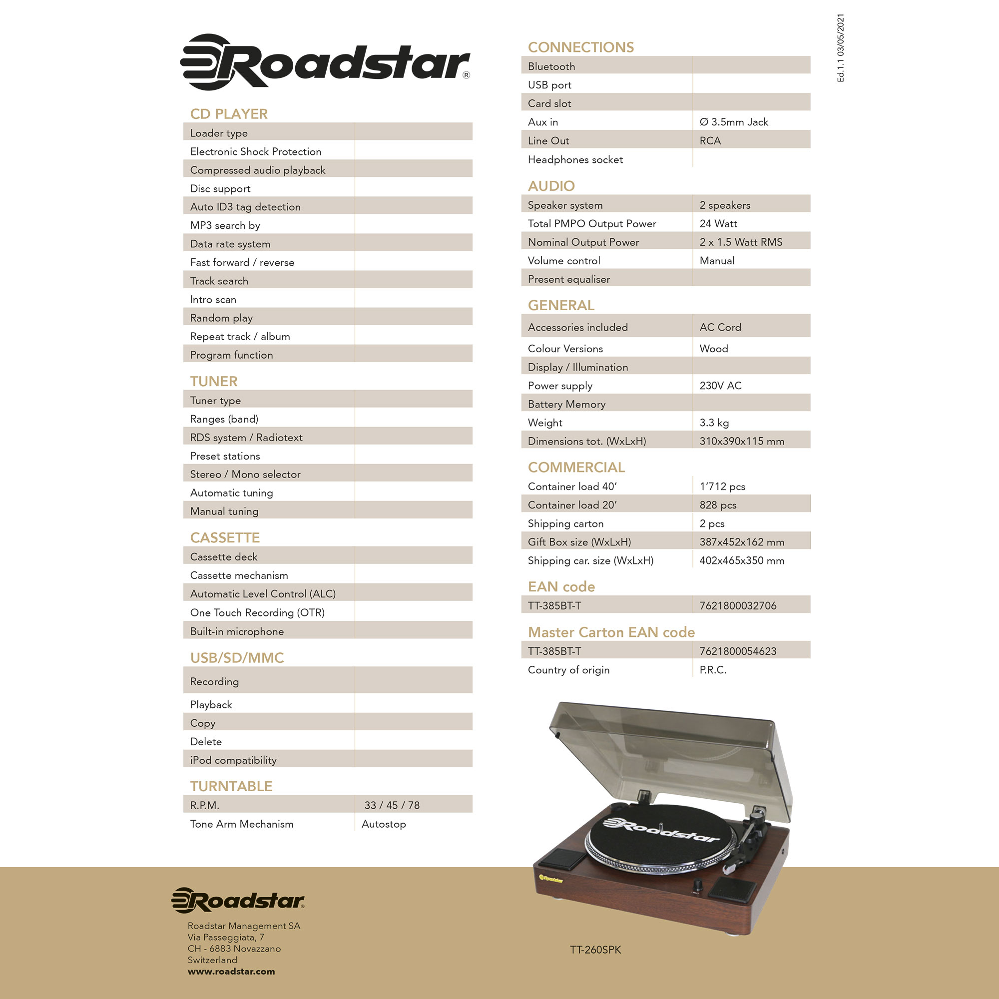 Una hoja de producto para un reproductor de CD Roadstar, incluyendo especificaciones técnicas, conexiones y características.